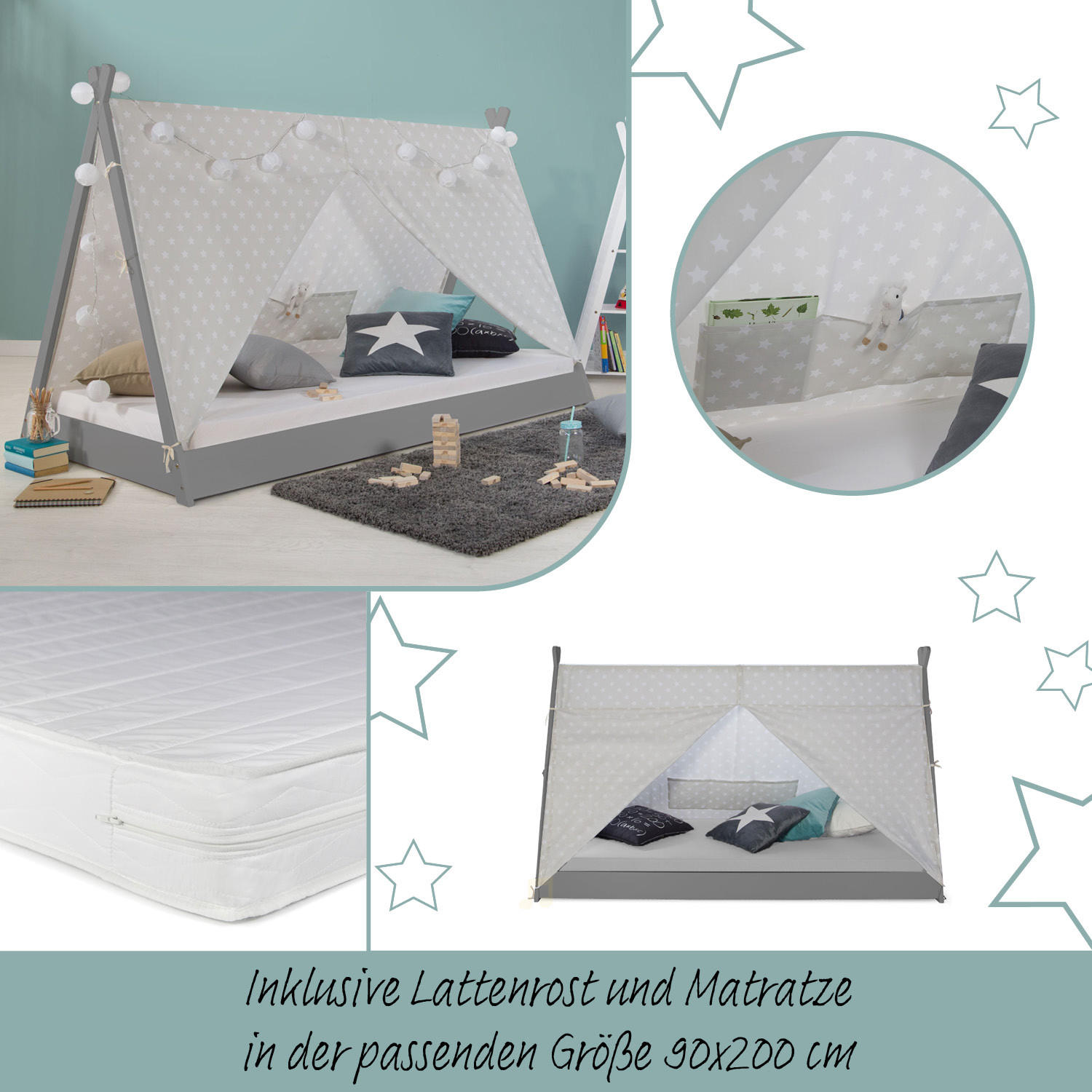 KINDERBETT Tipibett mit Matratze 90/200 cm Grau - Grau, Holz (208/132/105cm) - Homestyle4u