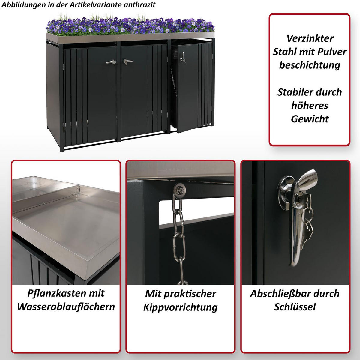 3ER-MÜLLTONNENVERKLEIDUNG Anthrazit, Dunkelbraun - Anthrazit/Dunkelbraun, Metall (196/125/84cm) - MCW