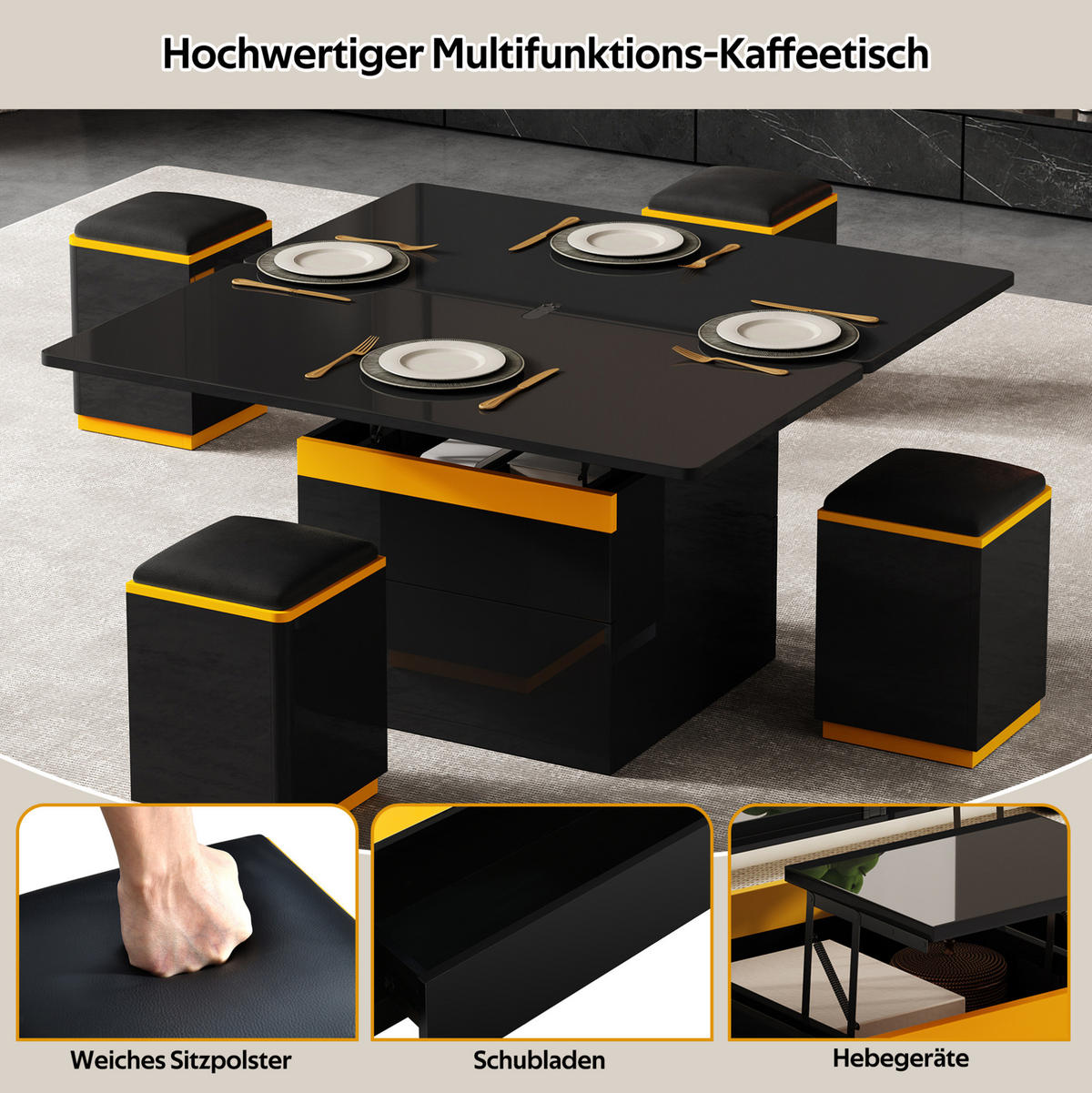 COUCHTISCH aus MDF und Spanplatte 100x50x43 cm Schwarz-Gelb mit Klappfunktion, Stauraum und 4 Hockern - Schwarz, Holzwerkstoff (100/50/43cm) - IVMEU