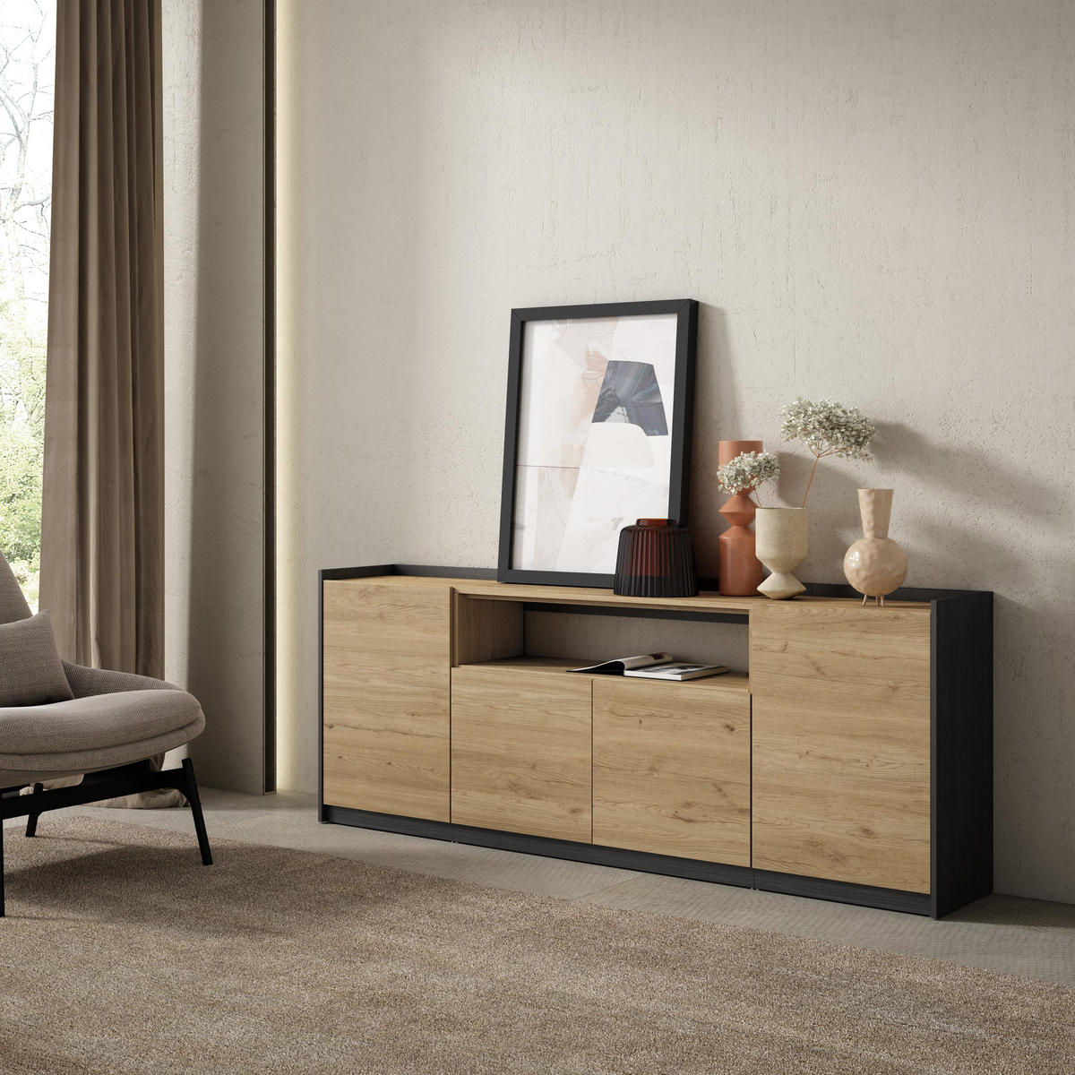 SIDEBOARD, Highboard, Eiche Schwarz, 207/37/80cm - Eichefarben, Holzwerkstoff (207/80/37cm) - Skraut Home