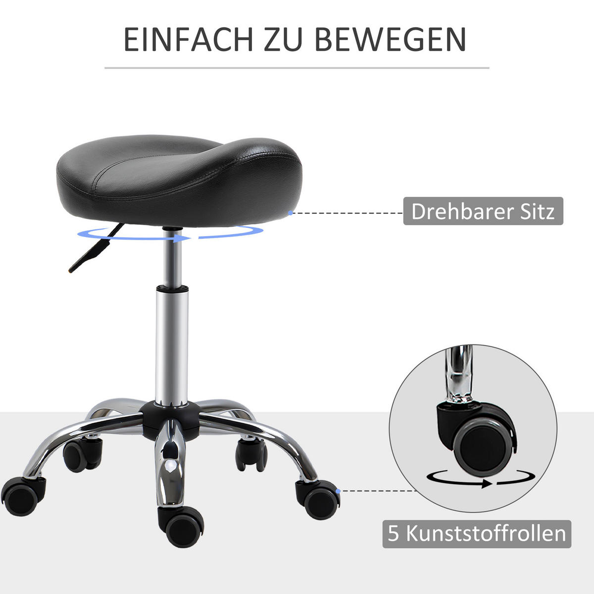 ROLLHOCKER, Höhenverstellbarer, Schwarz - Schwarz, Leder (48/69/48cm) - HOMCOM