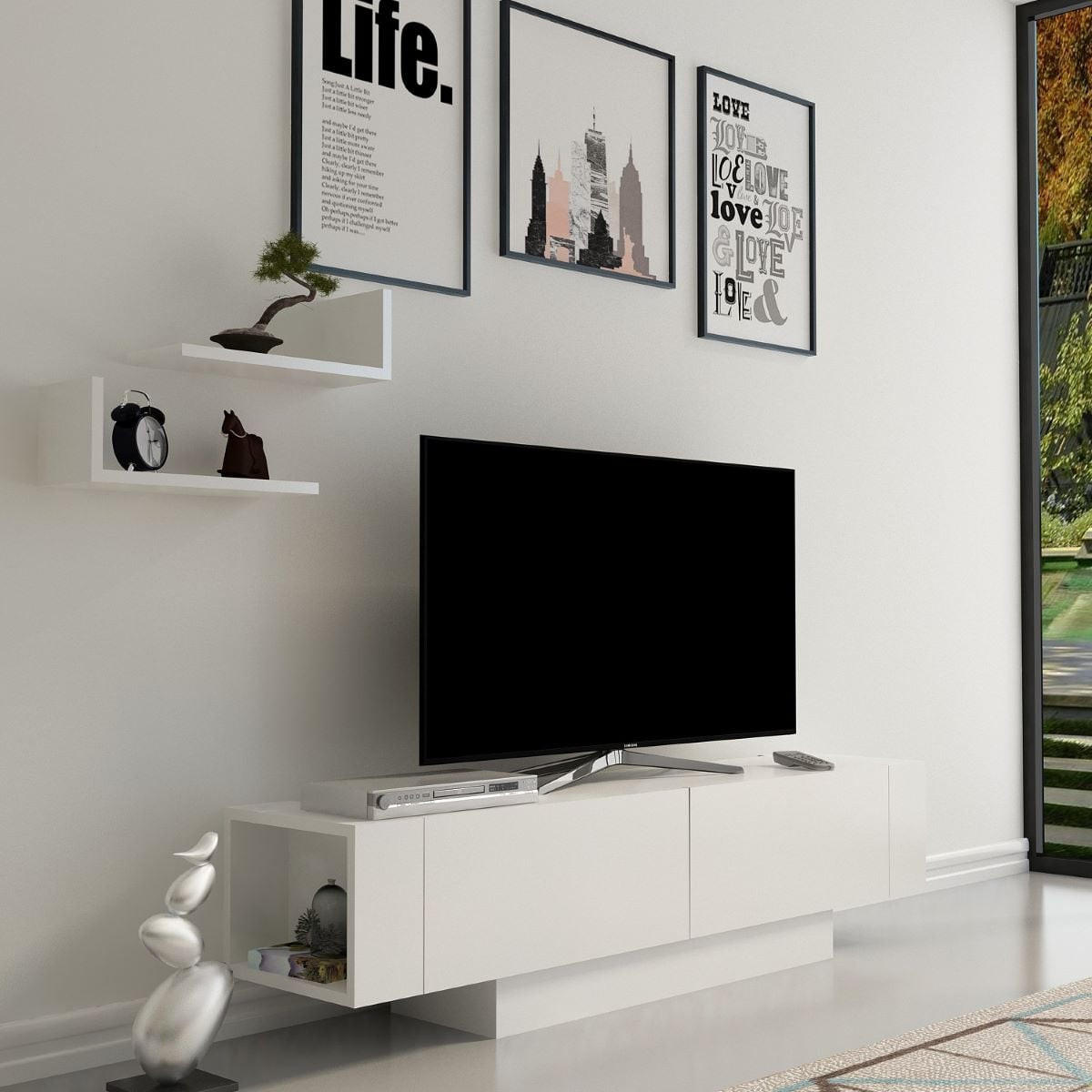 TV-MÖBEL mit 2 Türen und 2 weißen Wandregalen, Länge 150 cm - Matera - Weiß, Holzwerkstoff (31.5/41.6/150cm) - Calicosy
