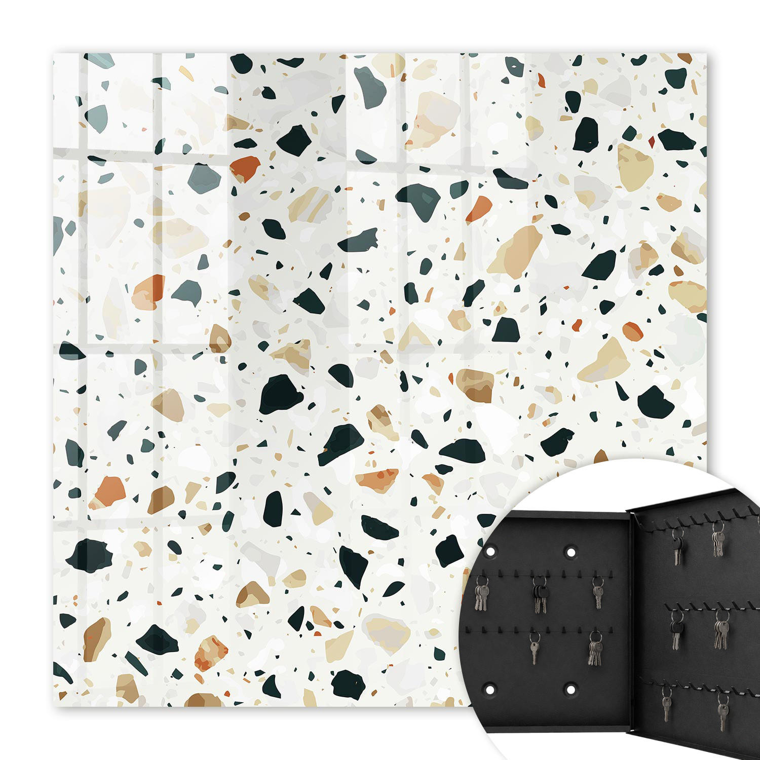 SCHLÜSSELBOX Schwarz 30x30 cm- Türöffnung nach rechts - Terrazzo-Muster - Grau, Metall (30/30/5cm) - TULUP