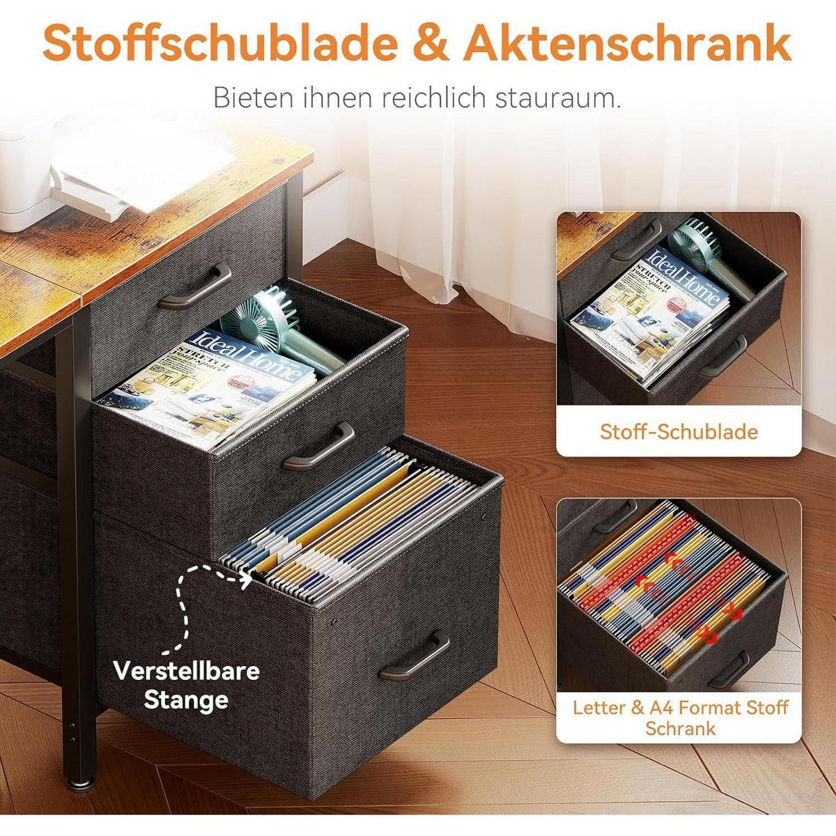SCHREIBTISCH mit 3 Stoffschubladen 120 x 48 cm - Braun, Holzwerkstoff (120/48/75.7cm)
