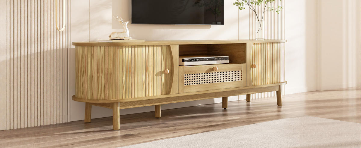 TV-LOWBOARD Rattan Türen Holz Landhaus - Naturfarben, Holz (165/46/37cm) - Fortuna Lai