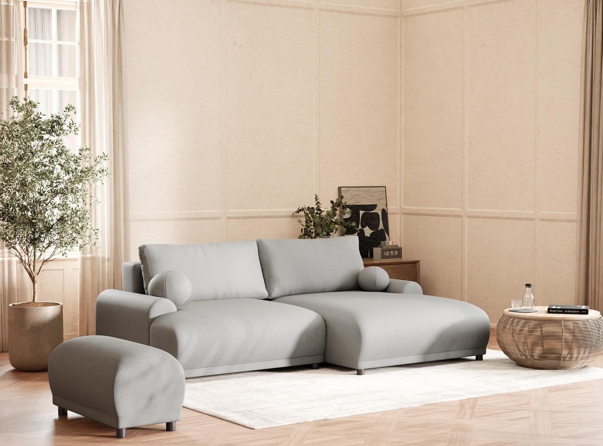 ECKSOFA MIT SCHLAFFUNKTION Tallin Hellgrau Webstoff - Hellgrau/Schwarz, Holz/Holzwerkstoff (240/145cm) - Maison de Reve