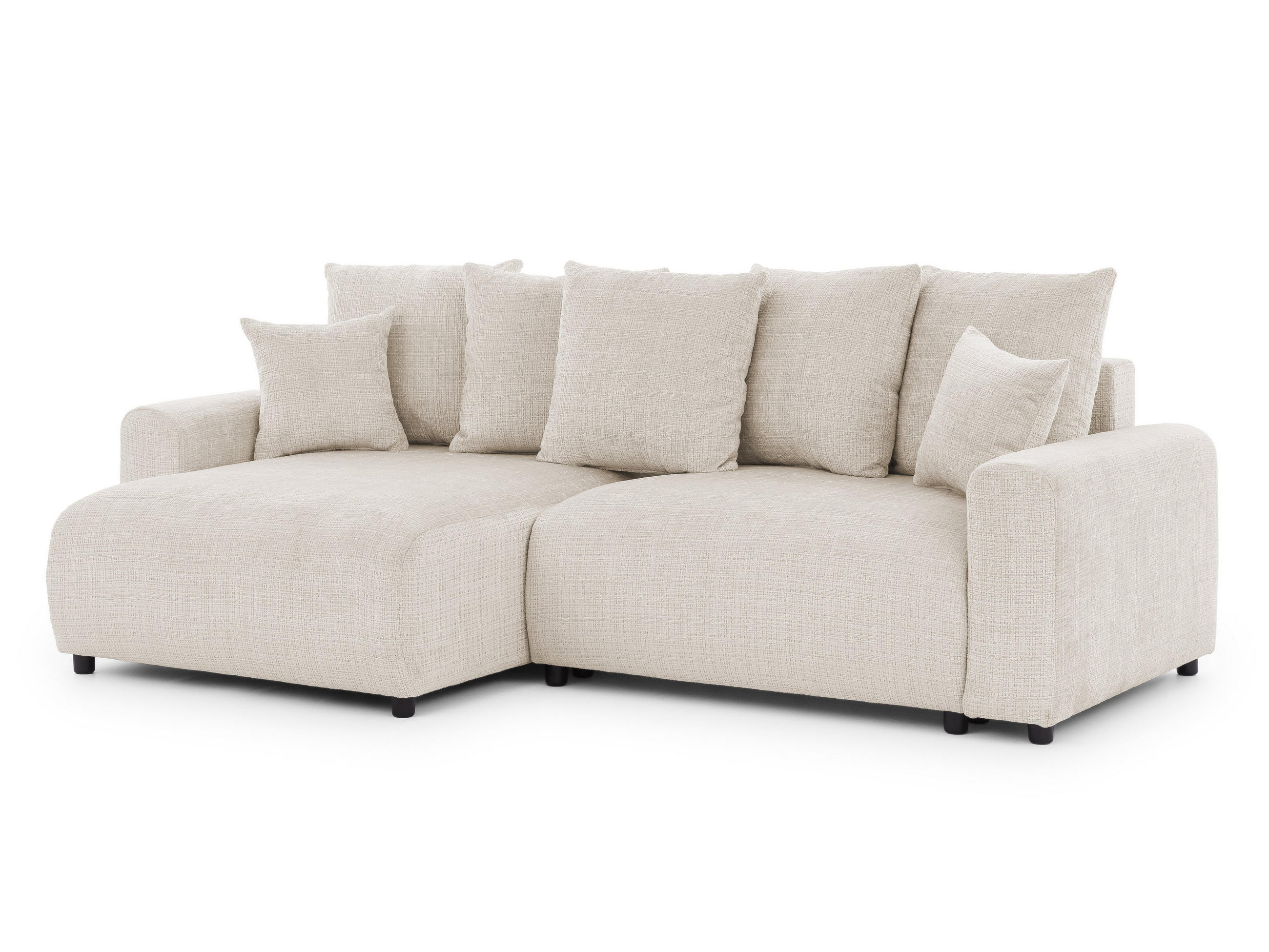 ECKSOFA Calma mit Schlaffunktion und Bettkasten im Bumpy-Design aus weichem Beige Chenille-Stoff - Ottomane links - Beige/Schwarz, Holz/Kunststoff (140/239cm) - S-Style Möbel