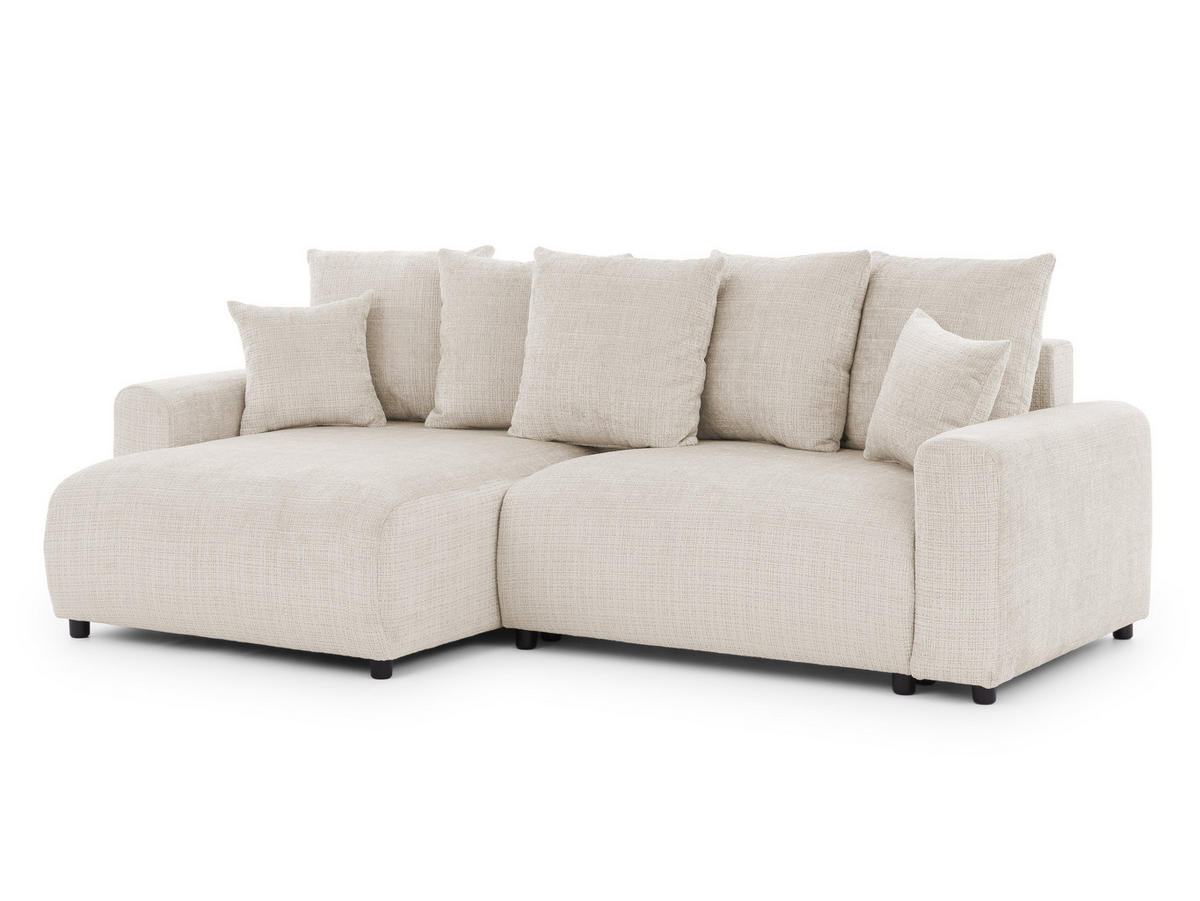 ECKSOFA Calma mit Schlaffunktion und Bettkasten im Bumpy-Design aus weichem Beige Chenille-Stoff - Ottomane links - Beige/Schwarz, Holz/Kunststoff (140/239cm) - S-Style Möbel