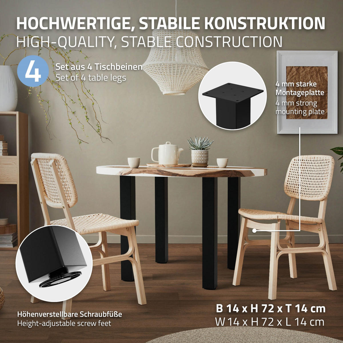 TISCHBEINE 4er Set I-Design H:72 cm Schwarz 8x8 cm - Schwarz, Metall (8/72/8cm) - ML-DESIGN