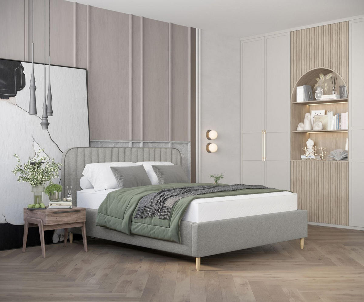 POLSTERBETT Noto Hellgrau 160/200 cm im Chenille-Stoff - Hellgrau/Naturfarben, Holz/Holzwerkstoff (160/200cm) - Maison de Reve
