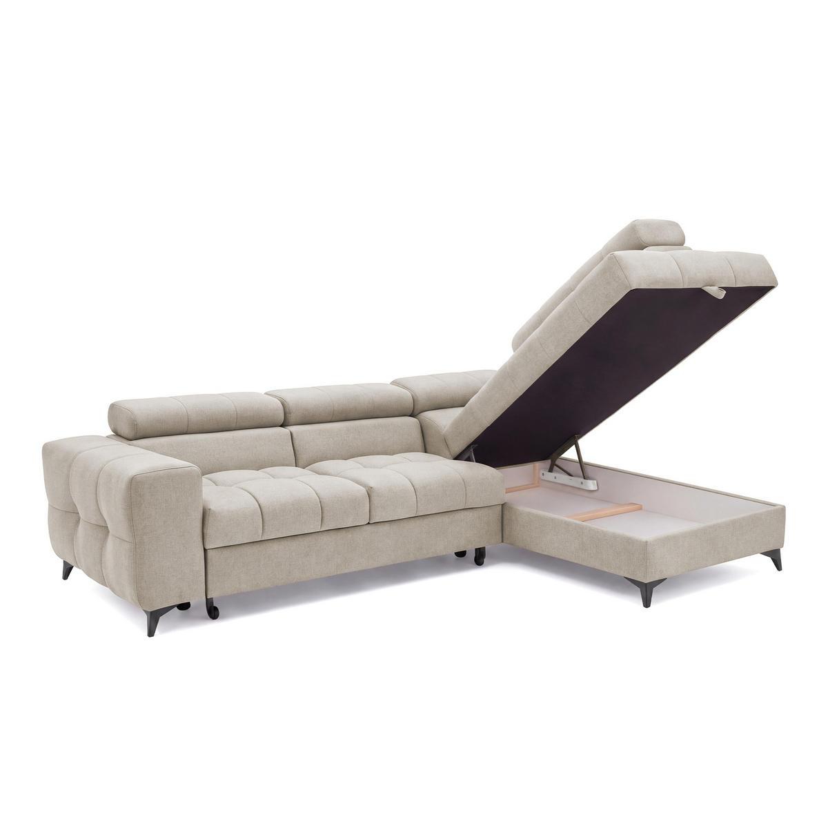 ECKSOFA PUDDING S Rechts mit Schlaffunktion 125x195 Velours Creme - Creme/Schwarz, Holz/Textil (275/177cm) - Muffo