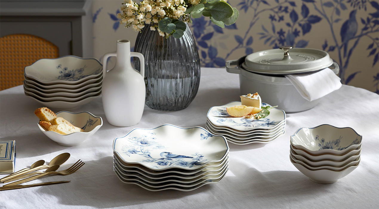 Kombiservice in Vogel Design, Blau, Weiss
