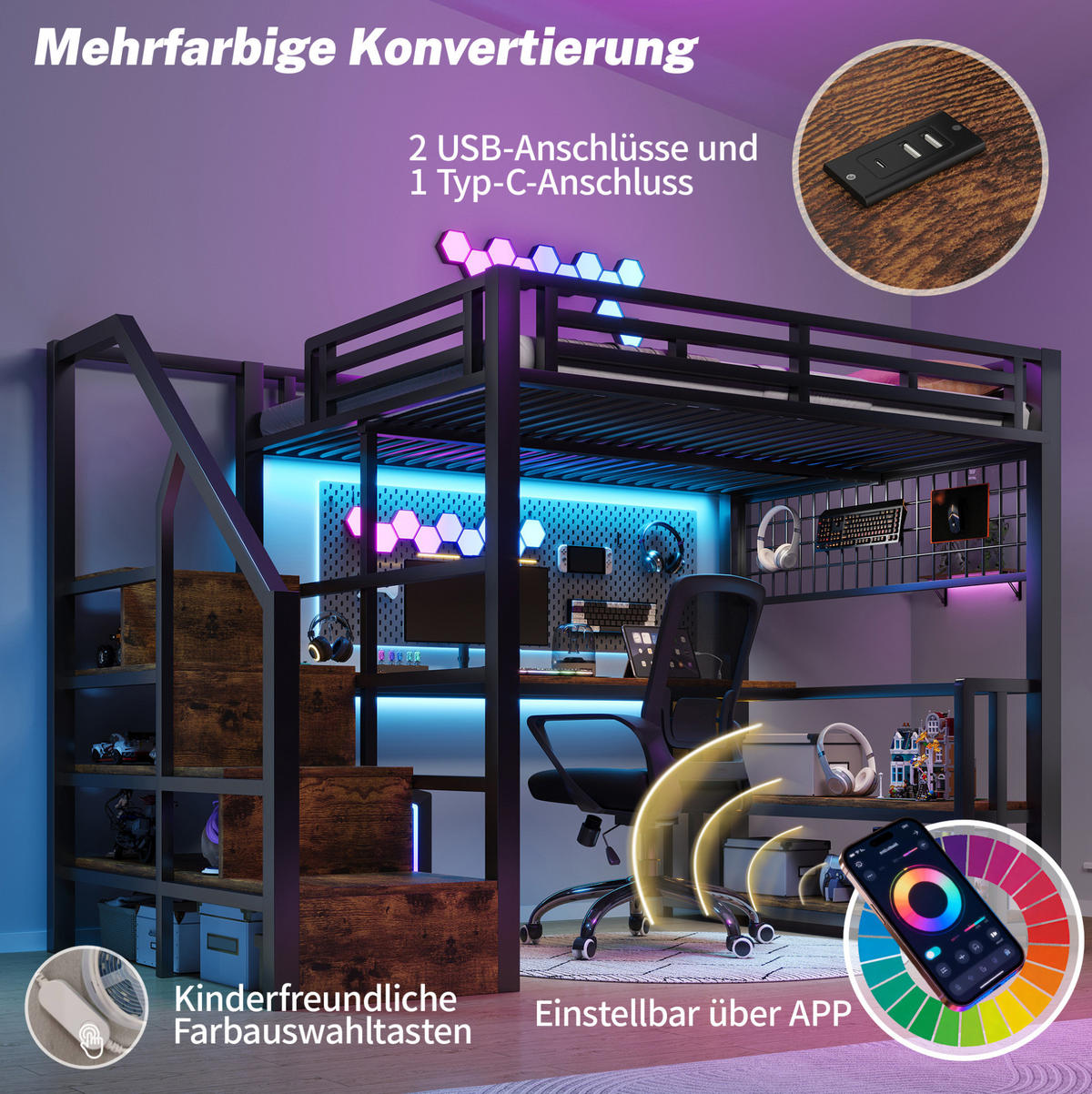 HOCHBETT 140/200 cm in Schwarz mit Schreibtisch, Stauraum und LED-Beleuchtung - Schwarz, Metall (140/200cm) - Flora Grace