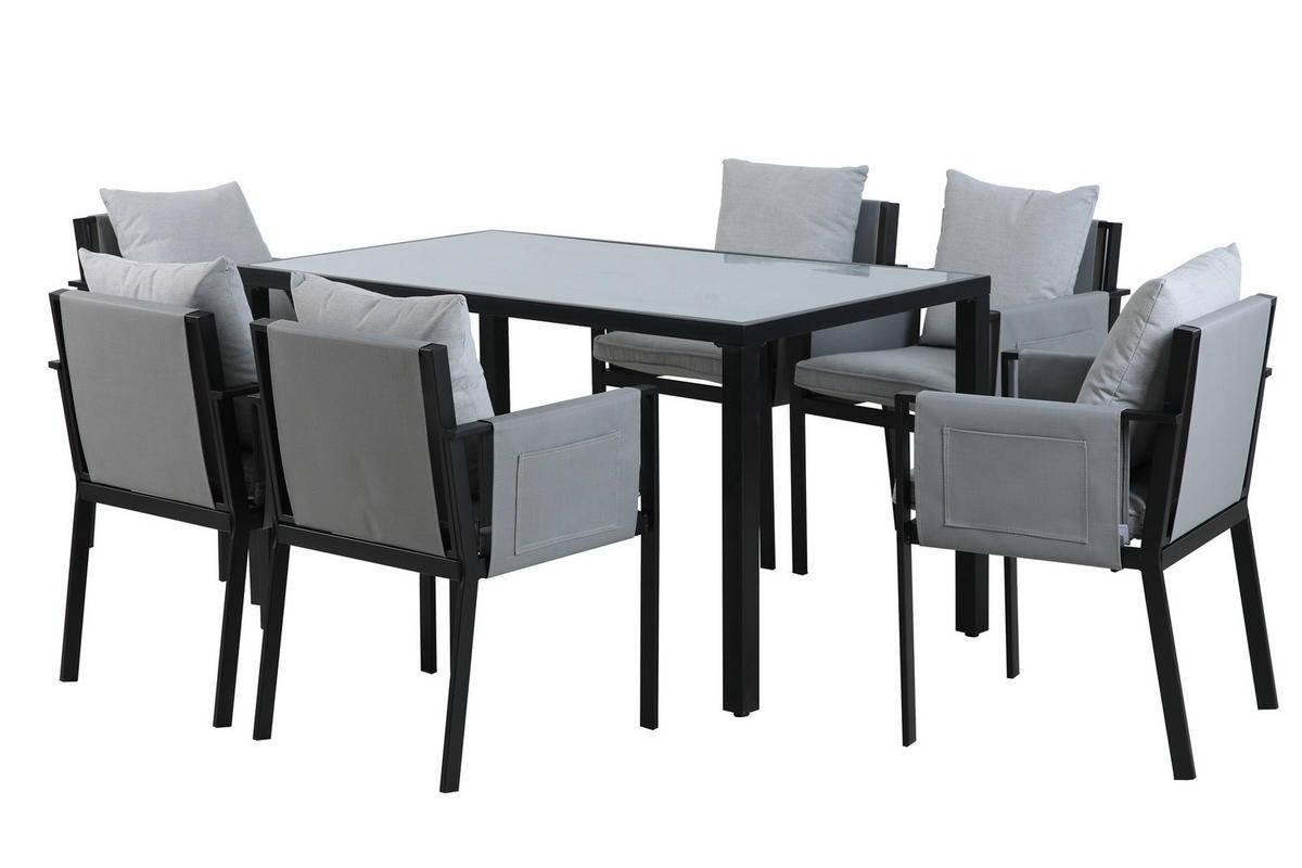 ESSGRUPPE Yolo 1 Esstisch + 6 Stühle, Sitz- und Rückenkissen - Schwarz, Metall - TPFGarden