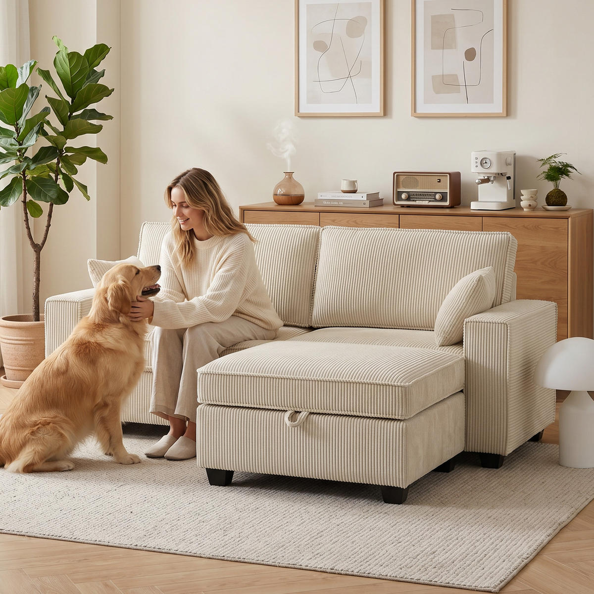 ECKSOFA Cord (100 % Polyester) Beige - Beige, Holzwerkstoff/Kunststoff (151/216cm) - HOMCOM