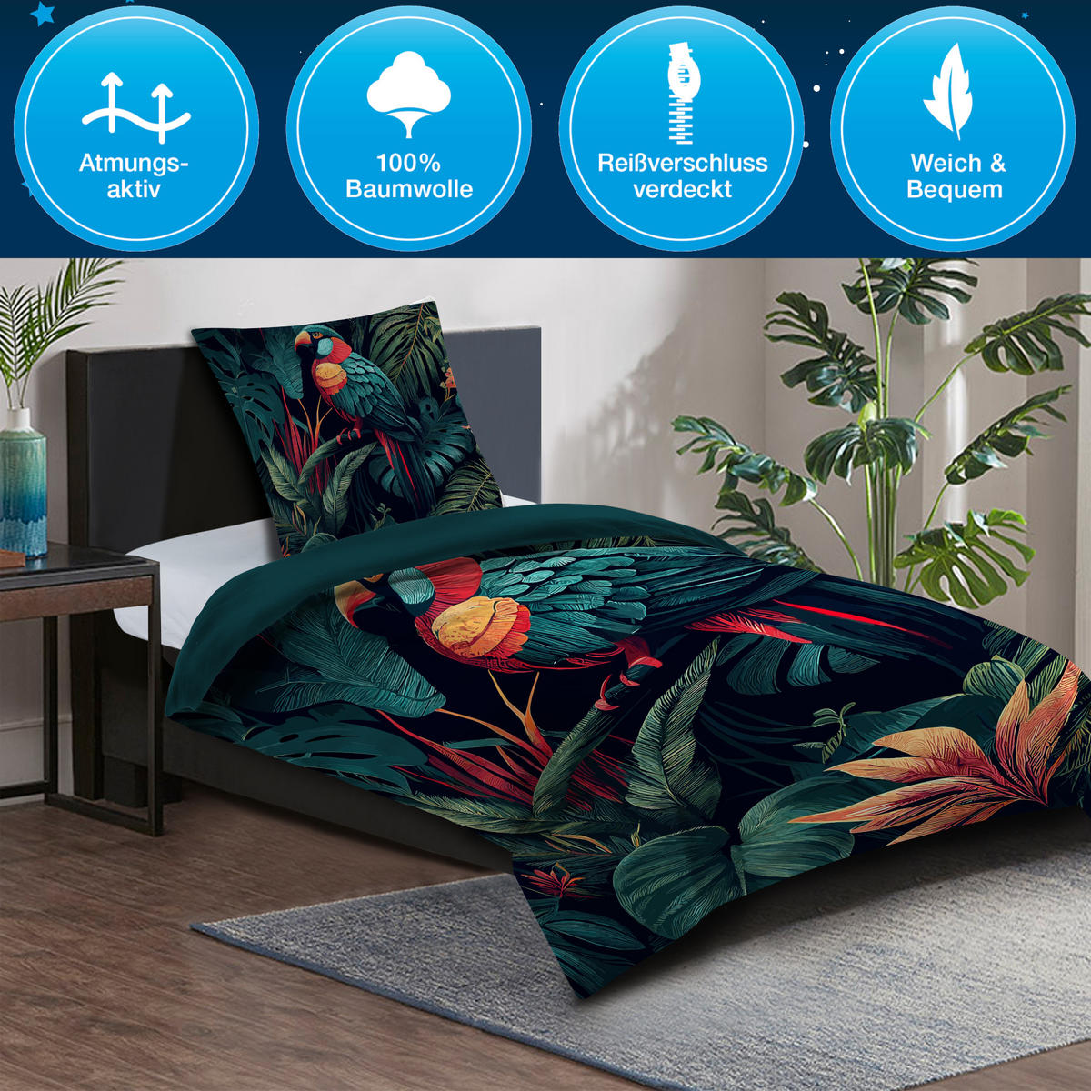 BETTWÄSCHE 4-teilig Exotic - Grün, Naturmaterialien (135/200cm) - Sanilo