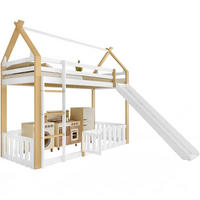 ETAGENBETT 90/200 cm in Weiß & Natur Kinderbett mit Rutsche, Leiter und Zaun im Dachdesign - Weiß/Naturfarben, Holzwerkstoff (90/200cm) - STILVORA