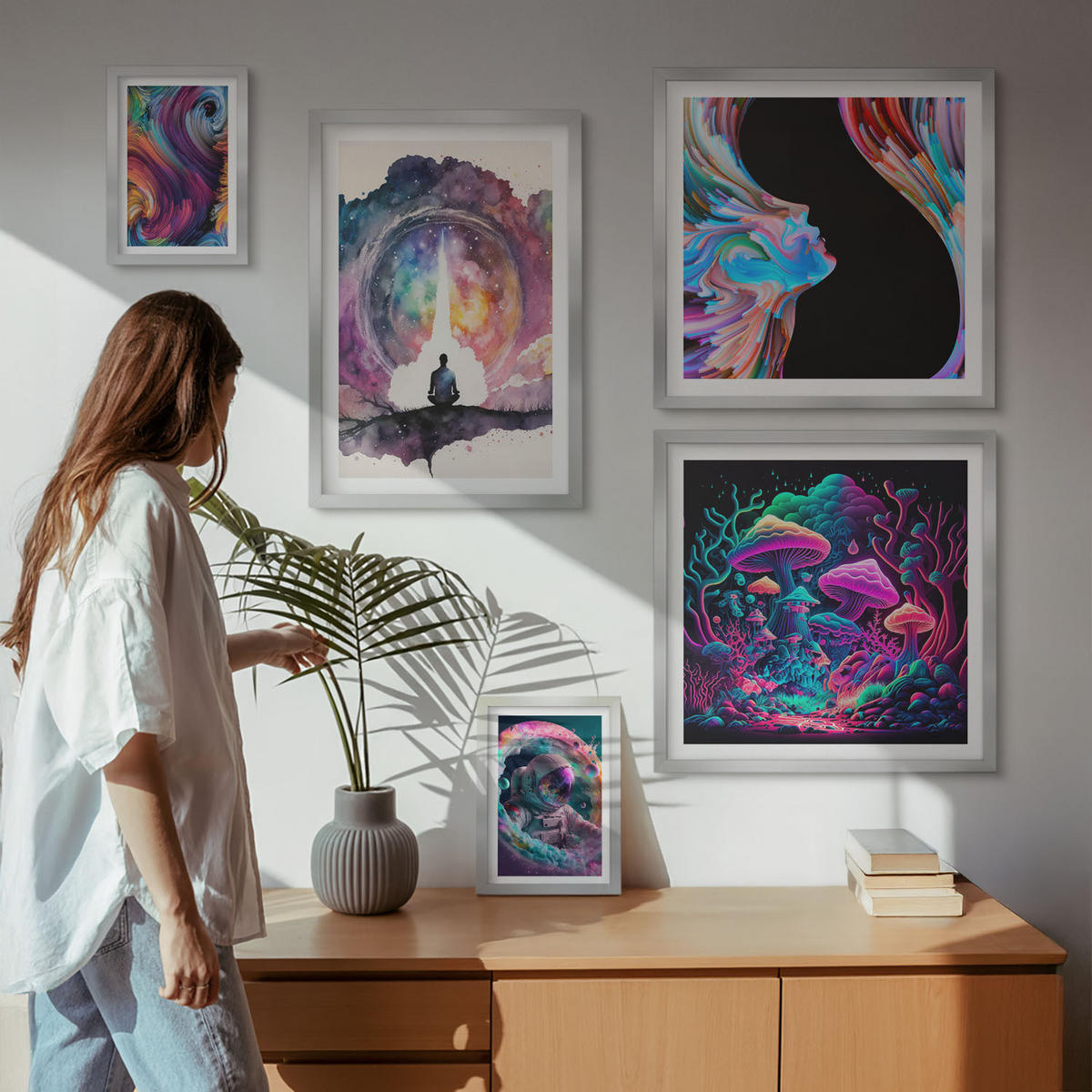 BILDER SET 5er Set - 50x50 cm & 20x30 cm & 40x60 cm Silberner Rahmen - Farbenfrohe Fantasy-Kunstillustrationen - Silberfarben, Kunststoff (40/60cm) - TULUP