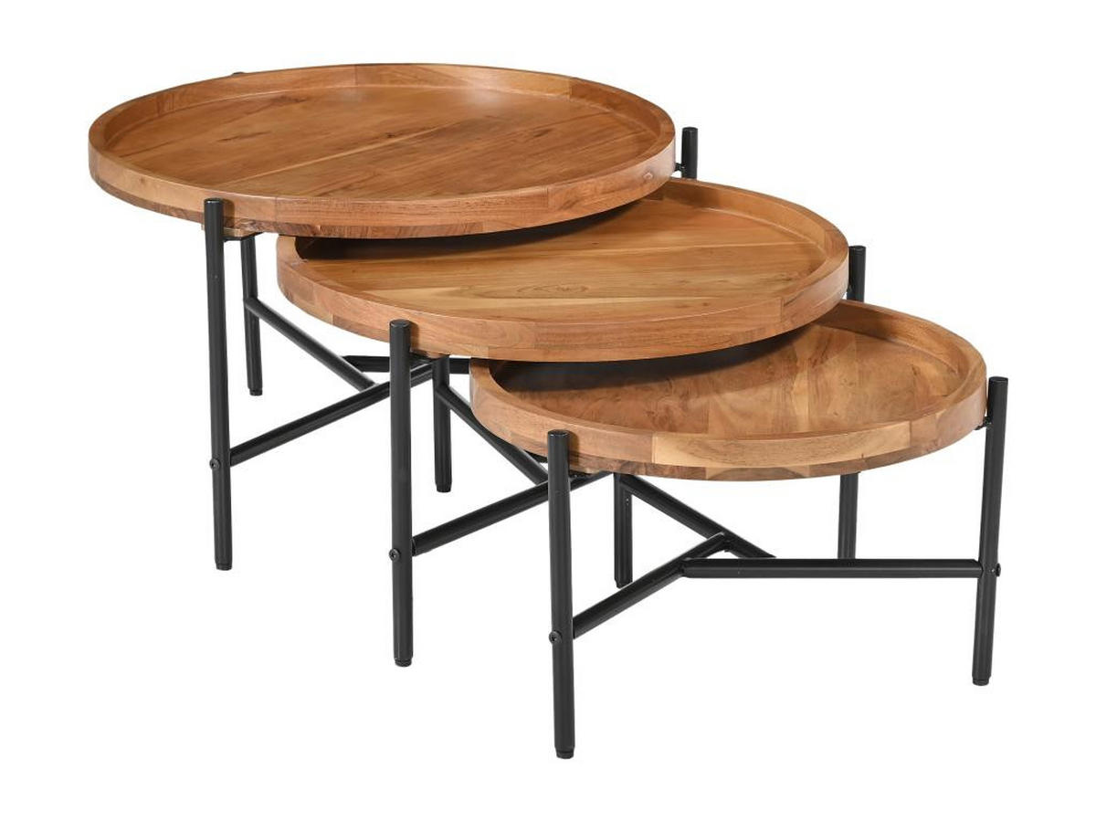 COUCHTISCH-SET - Akazienholz & schwarzes Metall - Holzfarben hell - ELORA - Naturfarben, Holz (75/75/45cm) - Vente-Unique