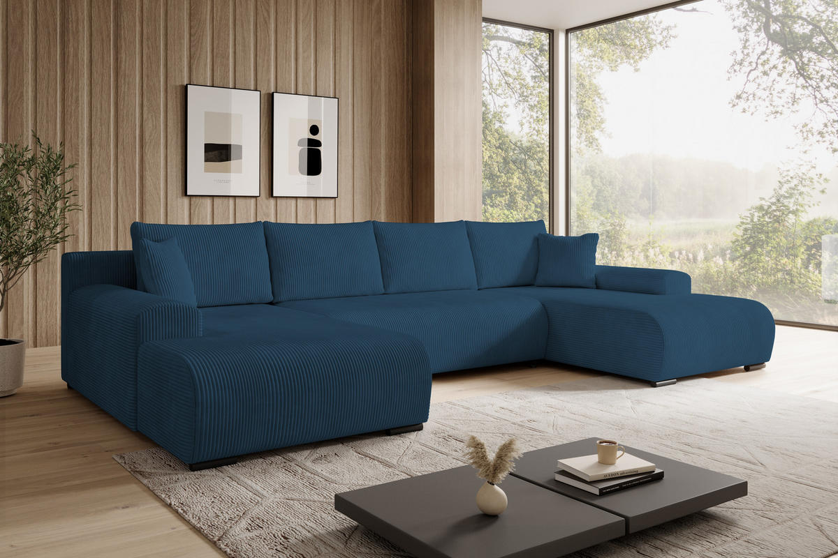 WOHNLANDSCHAFT Nelly U mit Bettkasten und Schlaffunktion, Cordstoff in U-Form - Blau, Textil (349/80/185cm)