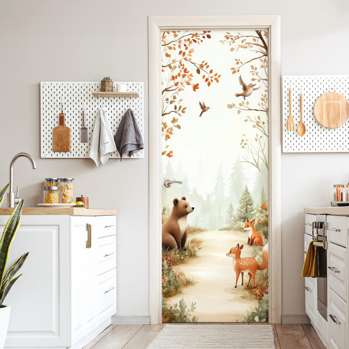 FOTOTAPETE Tür - Wald - Herbst - Waldtiere - Bär - Fuchs 95x235 cm - Kastanienfarben, Kunststoff (95/0.1cm) - MuchoWow