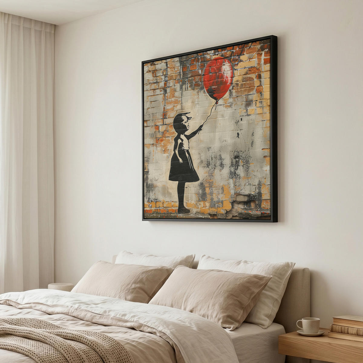 LEINWAND Bilder mit Rahmen - Graffiti - Banksy - Mädchen - Straßenkunst - 90x90 - Sandfarben, Textil (90/90cm) - MuchoWow