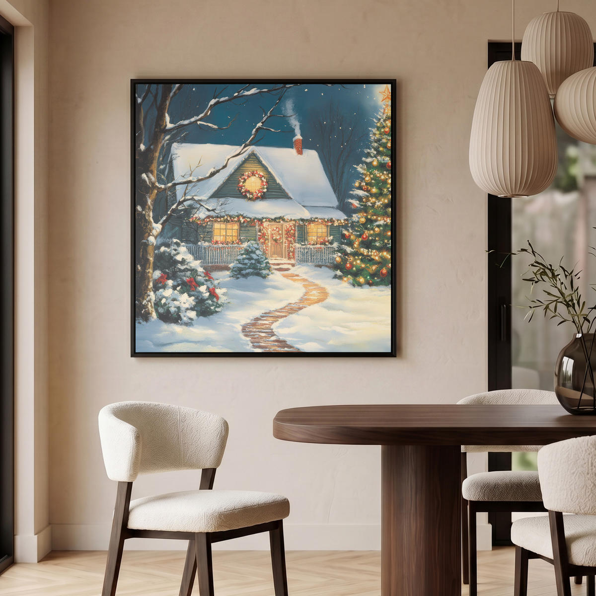 LEINWAND Bilder mit Rahmen - Weihnachten - Weihnachtsbaum - Winter - Zuhause - Schnee - 90x90 - Smaragdgrün, Textil (90/90cm) - MuchoWow
