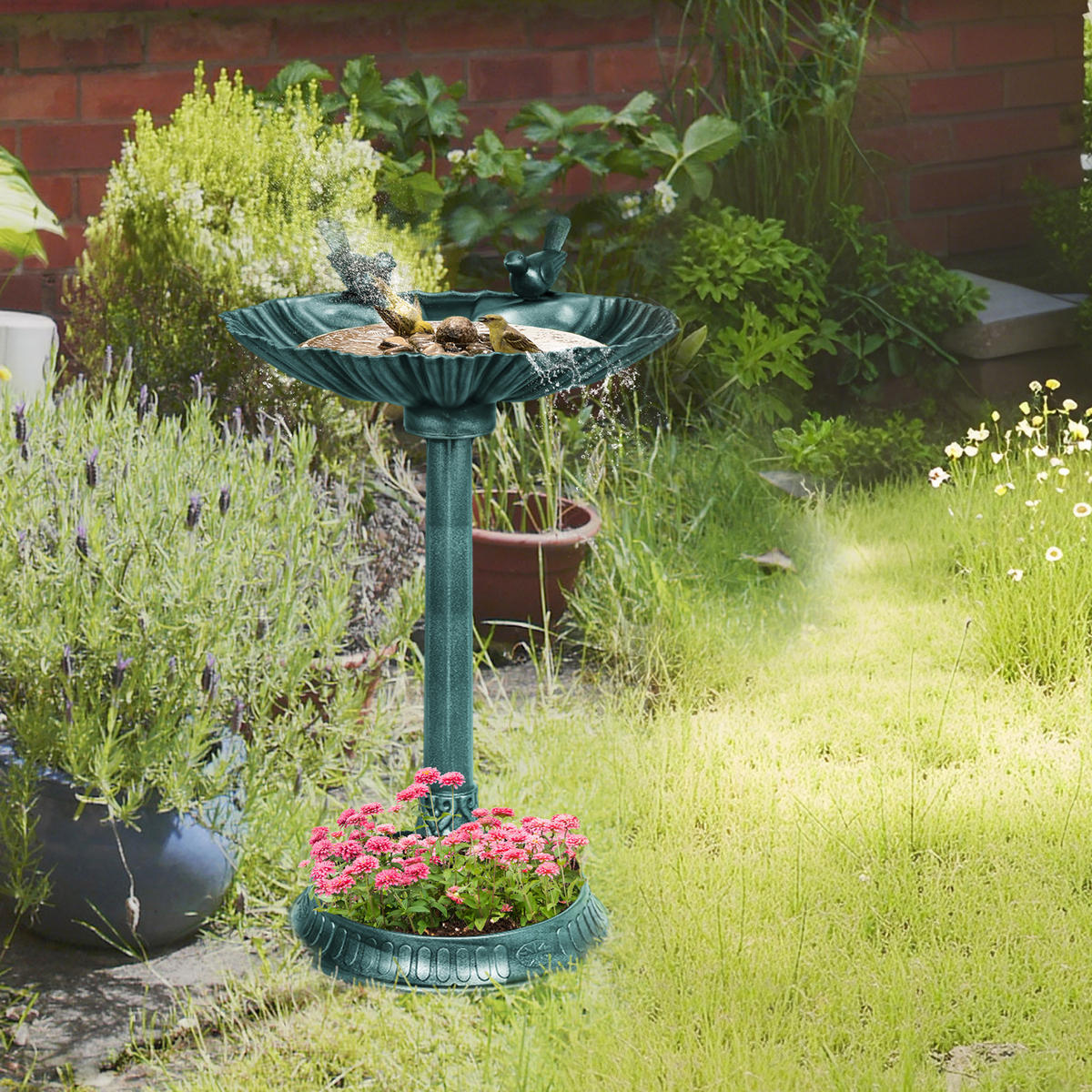 VOGELBAD DE-13846 mit 2 Becken und Vogelverzierung Bronze-Grün - Bronzefarben, Kunststoff (38/81/49.5cm) - ComfortXL