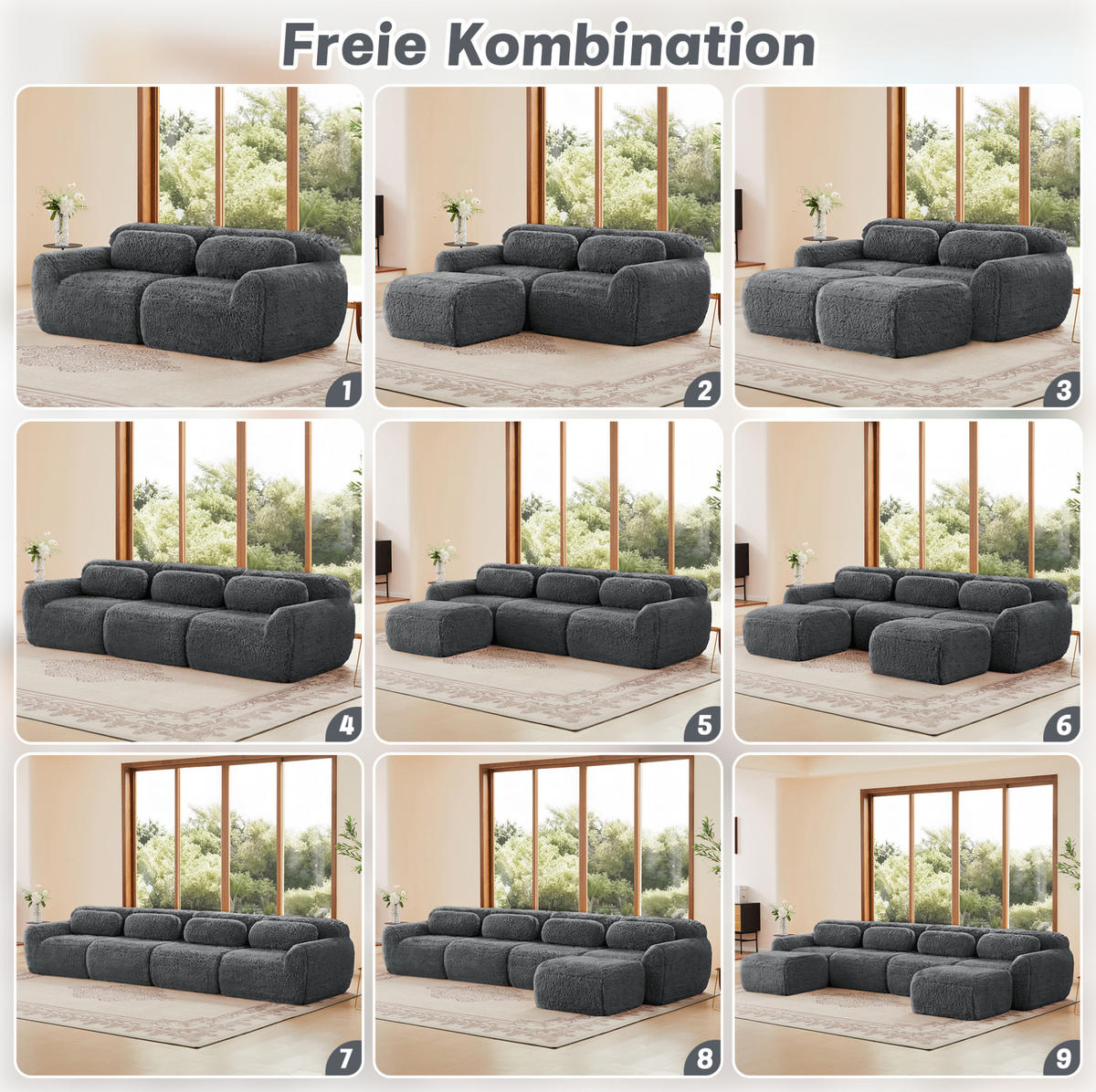 ECKSOFA aus Plüsch in Grau mit modularem Design & ohne Montage - Grau, Textil (179/73/378cm) - Modfu