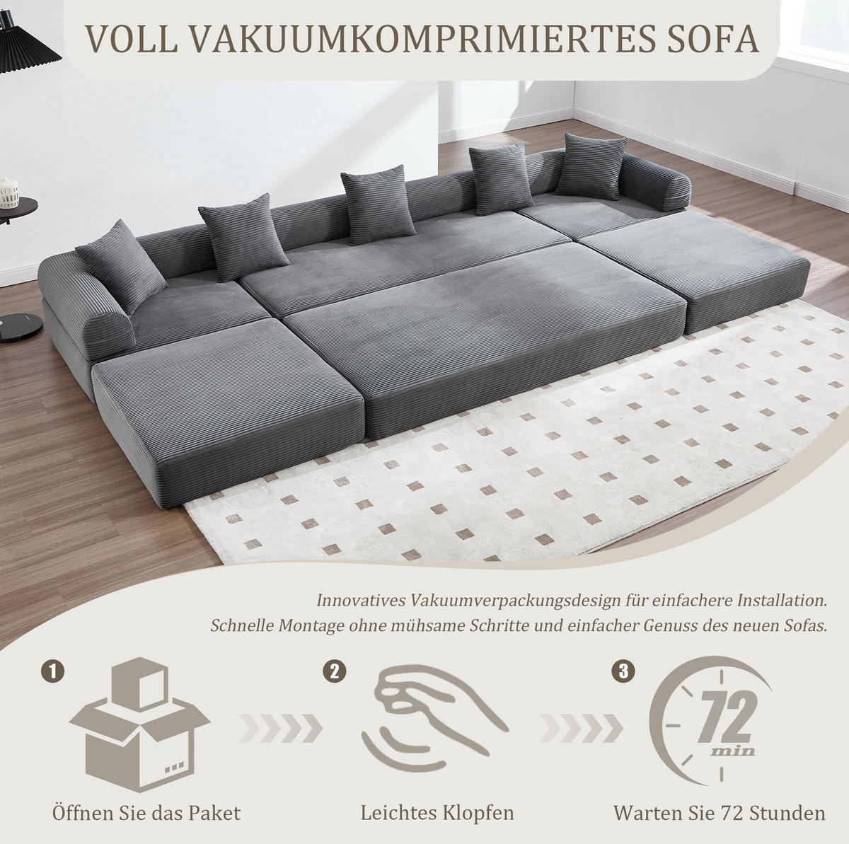 MODULARES Sofa 270/180/64 cm aus Cord mit Schlaffunktion und Seitentasche Dunkelgrau - Dunkelgrau, Textil (180/64/270cm) - Modenvie