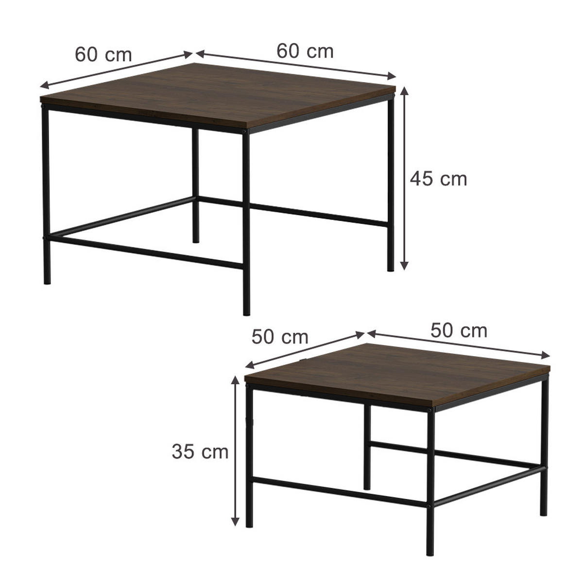 COUCHTISCH-SET Ramio Eiche rustikal/Schwarz 60 x 60 cm 2 Teile - Wildeiche/Schwarz, Holzwerkstoff (60/60/45cm) - Vicco