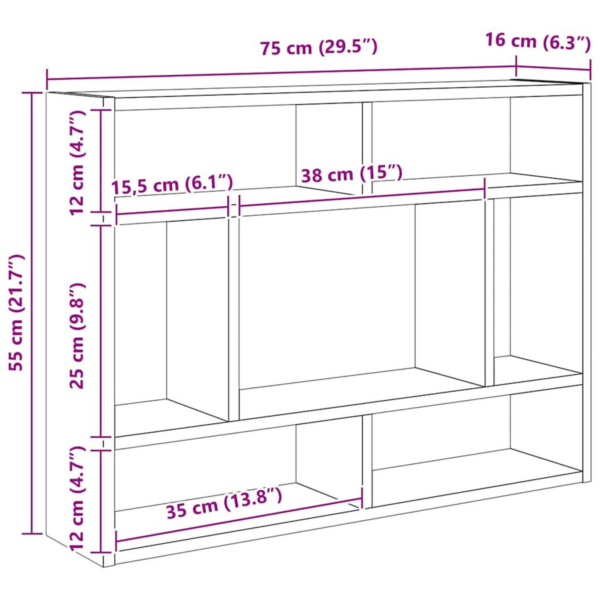 WANDREGAL mit 7 Offenen Fächern 75/16/55 cm aus Holzwerkstoff Schwarz - Schwarz, Holz (75/55/16cm) - vidaXL