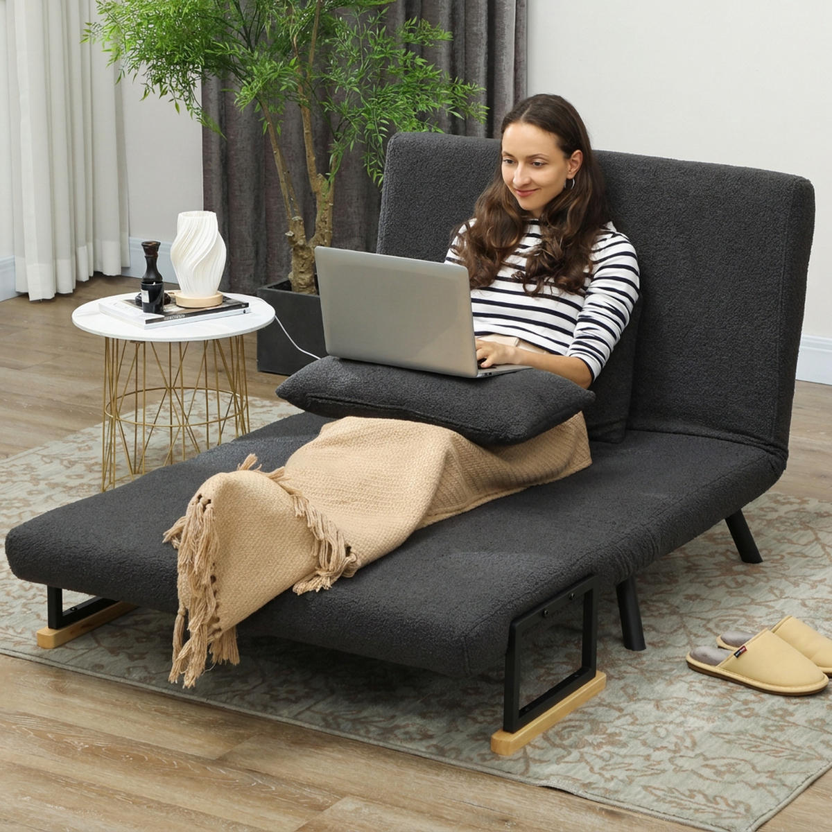 SCHLAFSOFA Stahl Polyester Dunkelgrau - Dunkelgrau/Beige, Holz/Textil (73/81/102cm) - HOMCOM