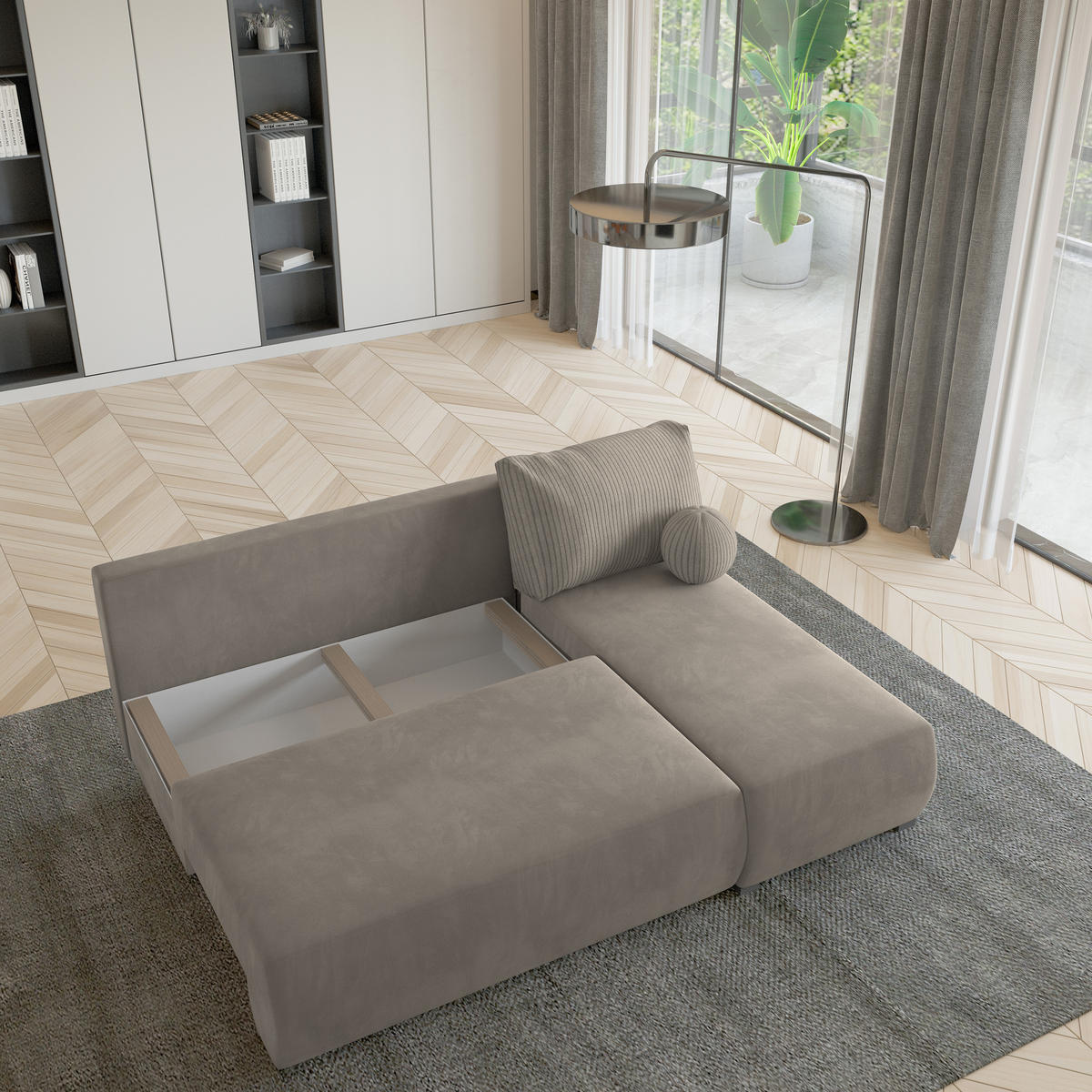 ECKSOFA PARVELO Beige Plüsch-Stoff mit Schlaffunktion - Beige, Holz (200/143cm) - MASSENO