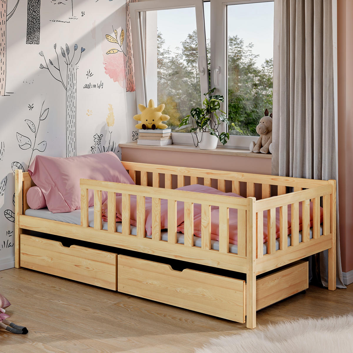 KINDERBETT mit zwei Schubladen, Rausfallschutz und Lattenrost 90x190 in natur - Naturfarben, Holz - Kids Collective
