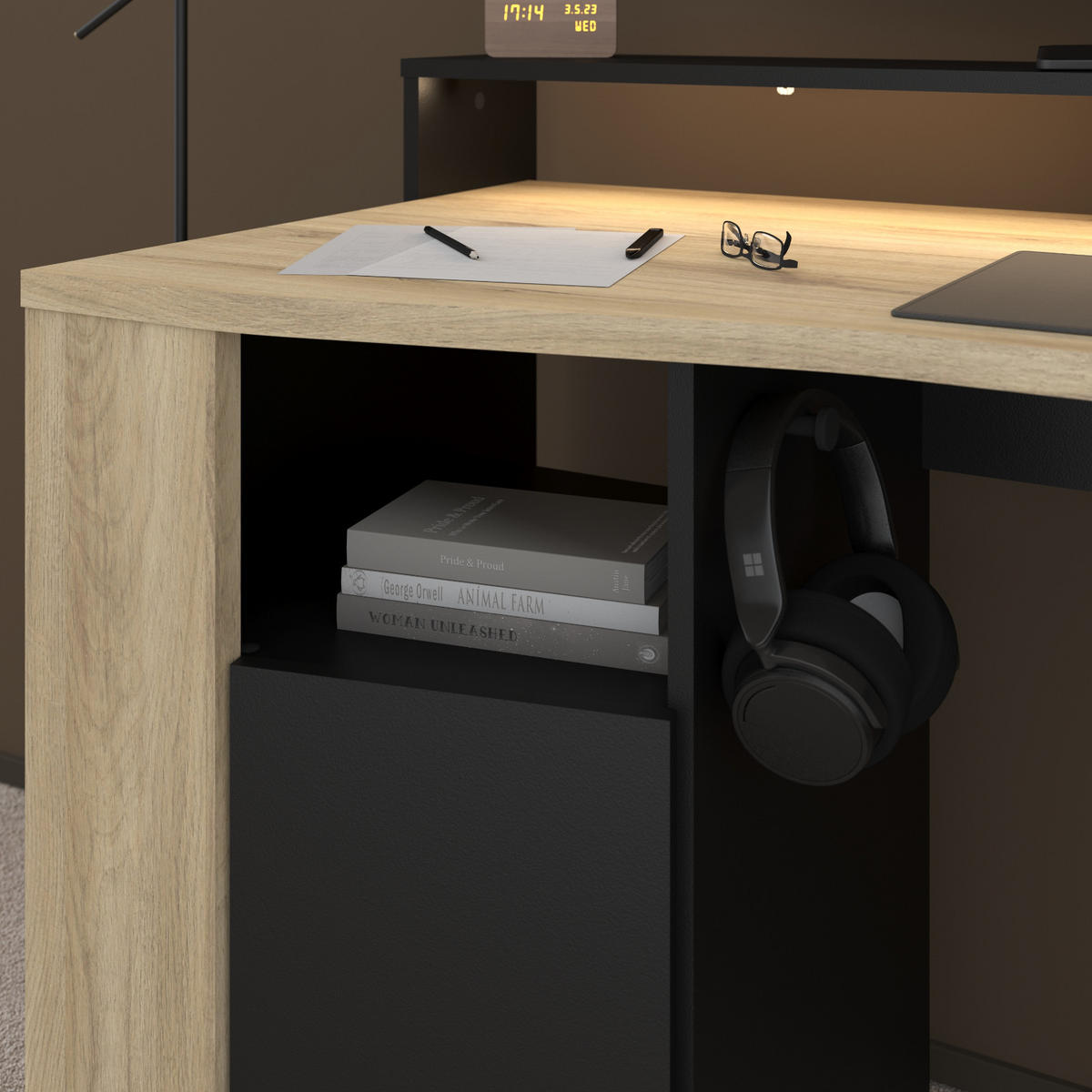 GAMINGTISCH Eiche, schwarz 152 cm, Gamer Schreibtisch inklusive LED mit Farbwechsel - Eichefarben/Schwarz, Holzwerkstoff/Metall (62/152/88cm) - Parisot Meuble