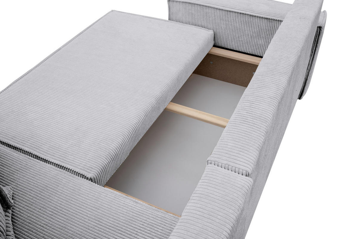 ECKSOFA Hugo L in L-Form mit Schlaffunktion und Bettkasten, Farbe: Hellgrau, Cordstoff, Ottomane Unsiversal - Hellgrau, Textil (244/145cm) - VENASI MÖBEL