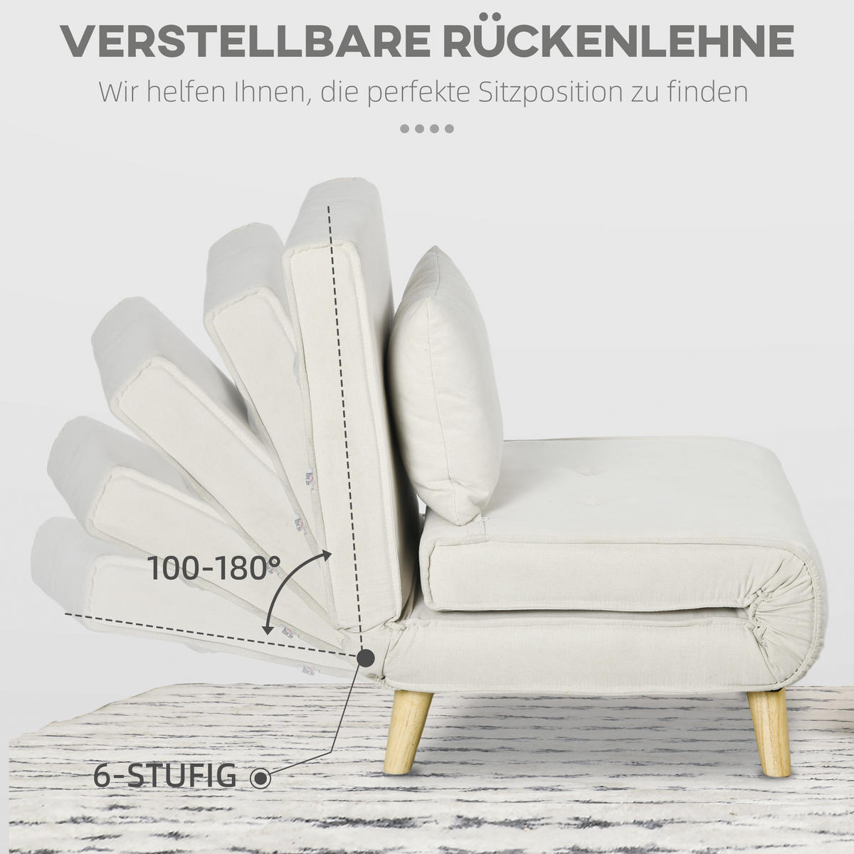 SCHLAFSESSEL, Klappbett mit Bettfunktion, Lendenkissen, für Wohnzimmer Creme - Creme/Naturfarben, Holz/Textil (78/79/72cm) - HOMCOM
