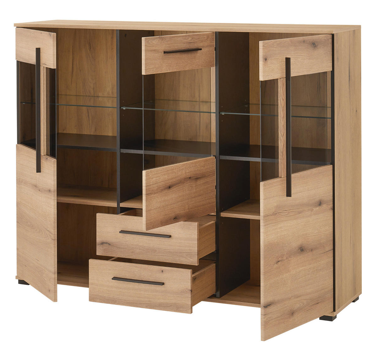 HIGHBOARD Eiche Evoke, Kommode 160 cm, 11 Fächer und 2 Soft-Close Schubkästen - Eichefarben/Schwarz, Glas/Holzwerkstoff (160/126/42cm) - Furn.Design