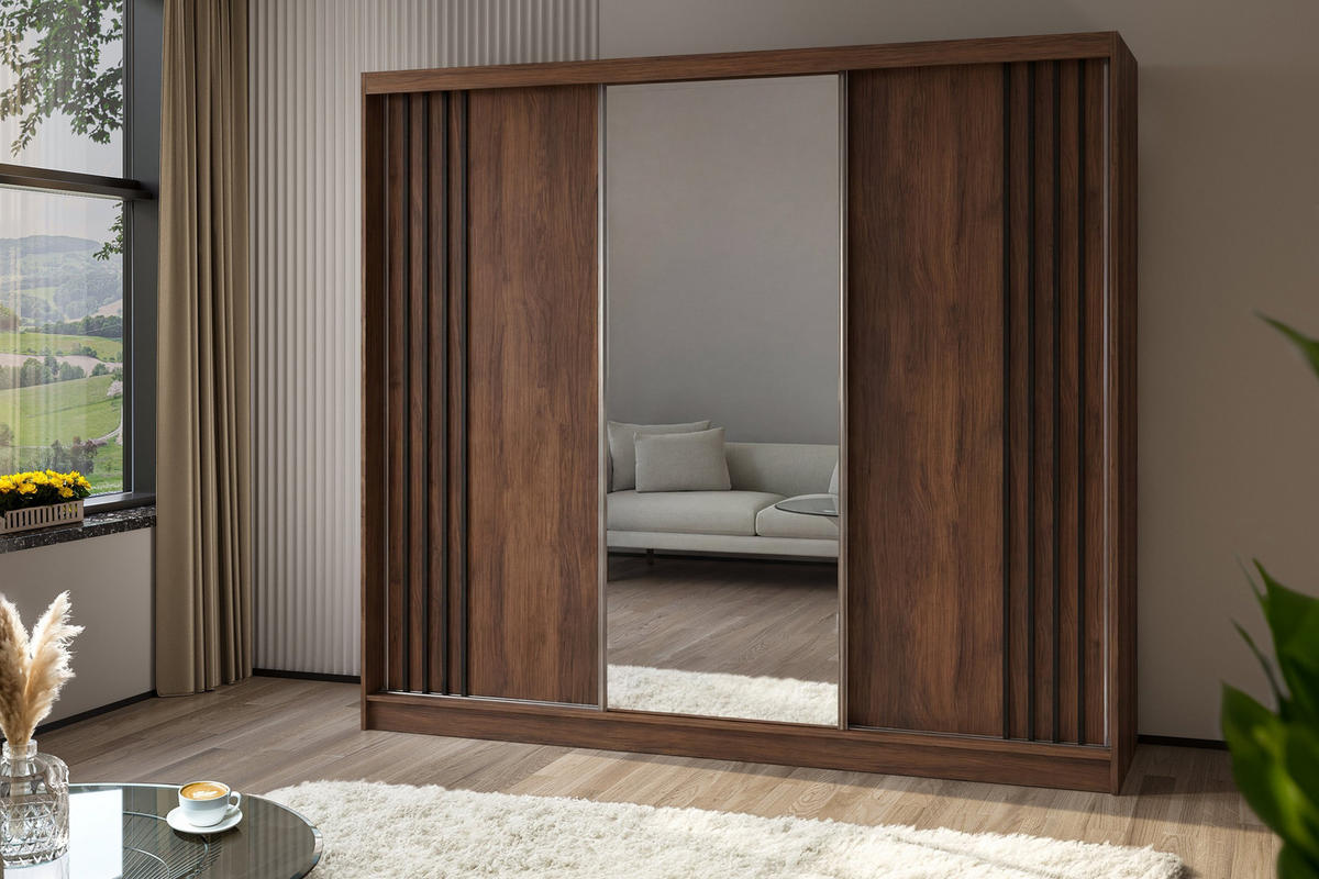 ŠATNÍ SKŘÍŇ S POSUVNÝMI DVEŘMI NELVIA, 240/216/61 cm moderní 3dveřová se zrcadlem, dekor ořech - ořechová, kompozitní dřevo (240/216/61cm) - MASSENO