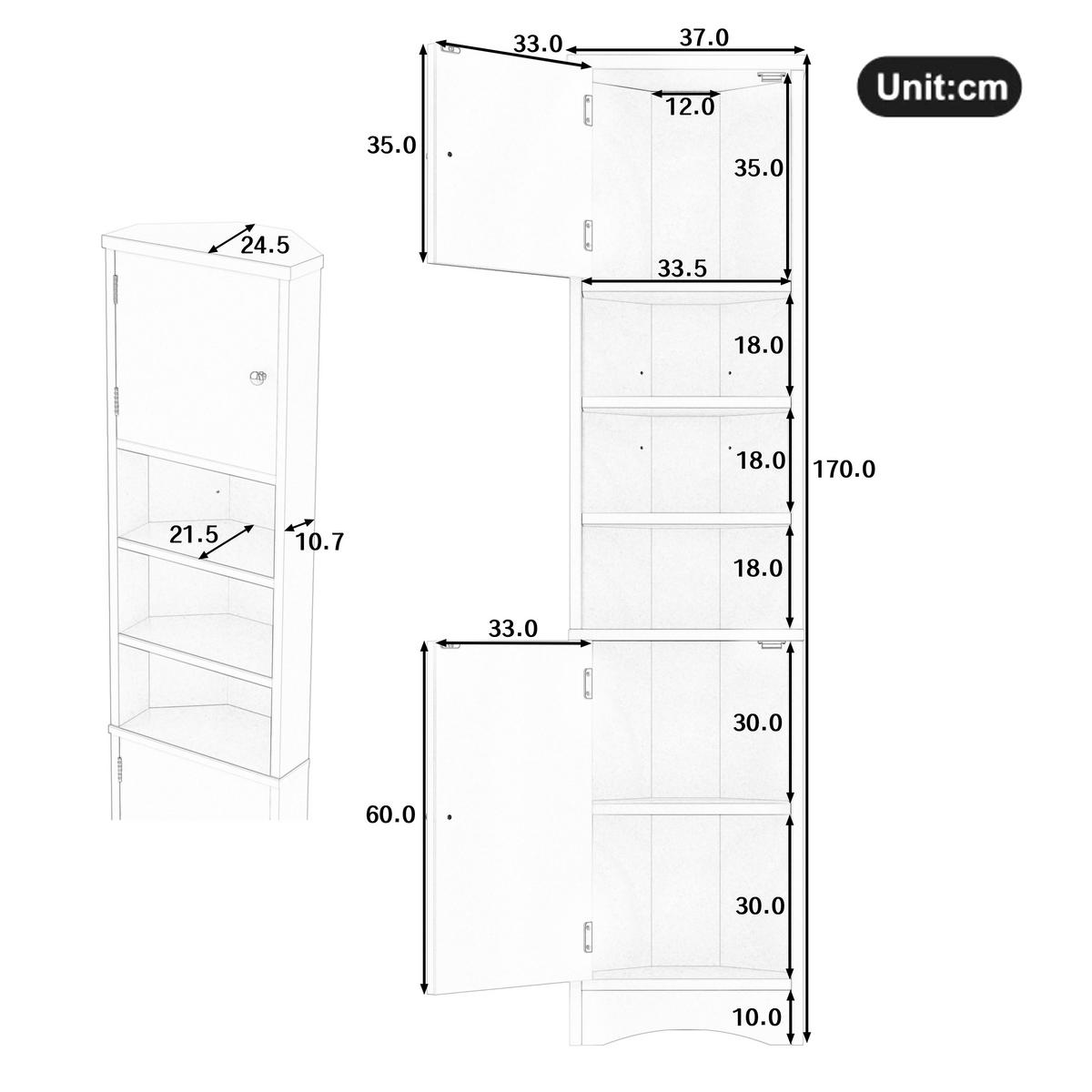 ECKSCHRANK 36.5x24.5x170cm in Grau, mit 2 Türen & verstellbaren Regalen - Grau, Holzwerkstoff (24.5/170/36.5cm) - Modfu