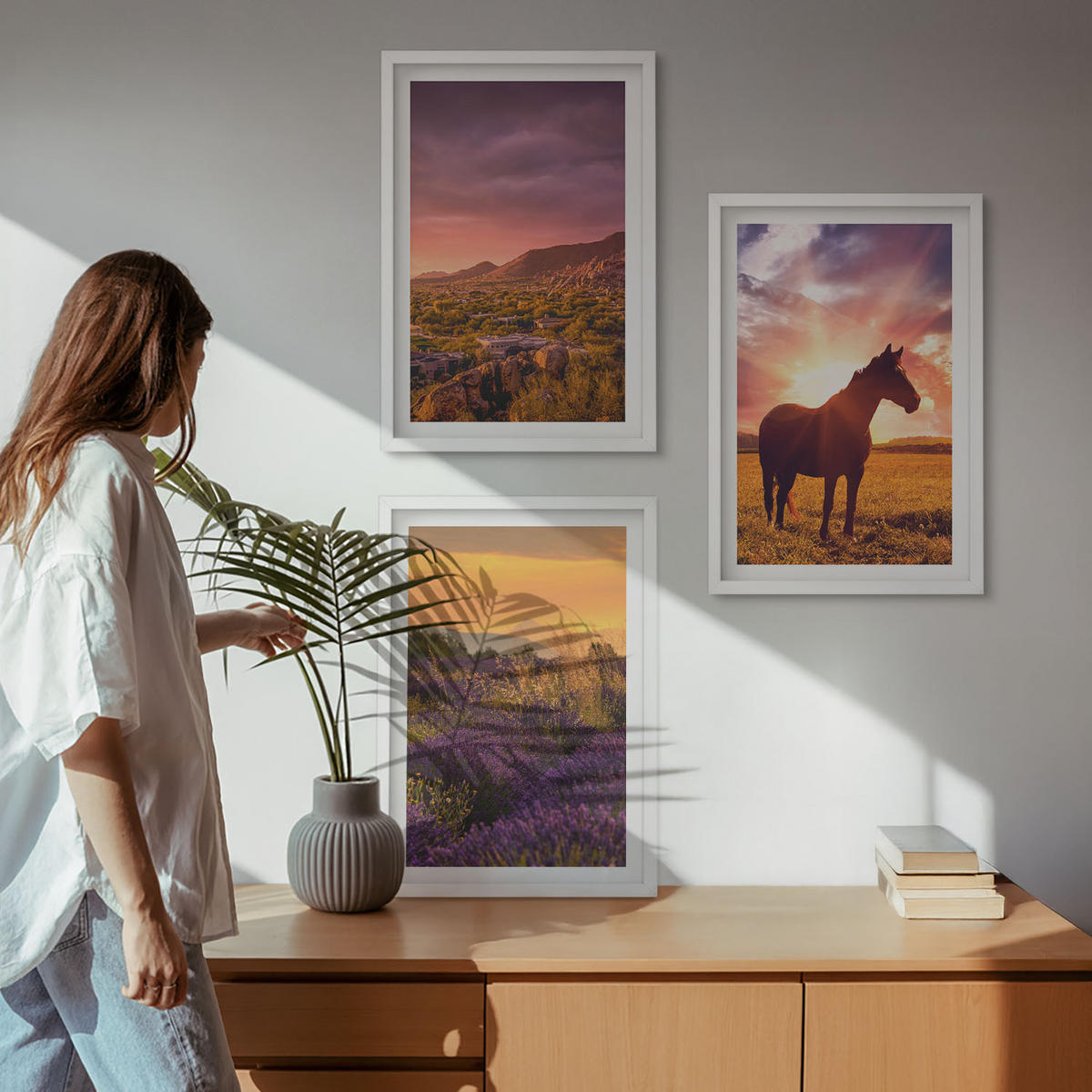 WANDBILDER 3er-Set - 40x60 cm Weißer Rahmen - Berglandschaft mit einem Pferd - Weiß, Kunststoff (40/60cm) - ArtPrintCave