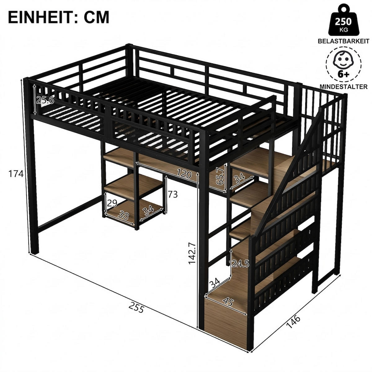 HOCHBETT 140/200 cm Schwarz mit Stauraumtreppe, Schreibtisch und LED-Lichtleisten - Schwarz, Metall (140/200cm) - Oxeza