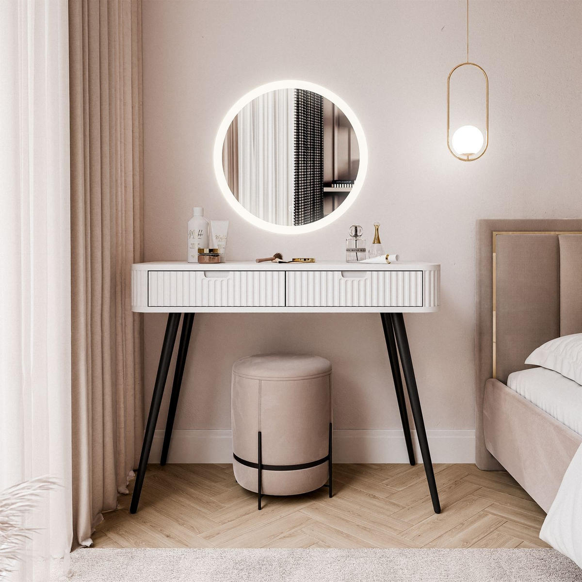 SCHMINKTISCH ZAIRA mit LED Spiegel Weiß - Weiß, Holzwerkstoff (103/80/49cm) - Lookway