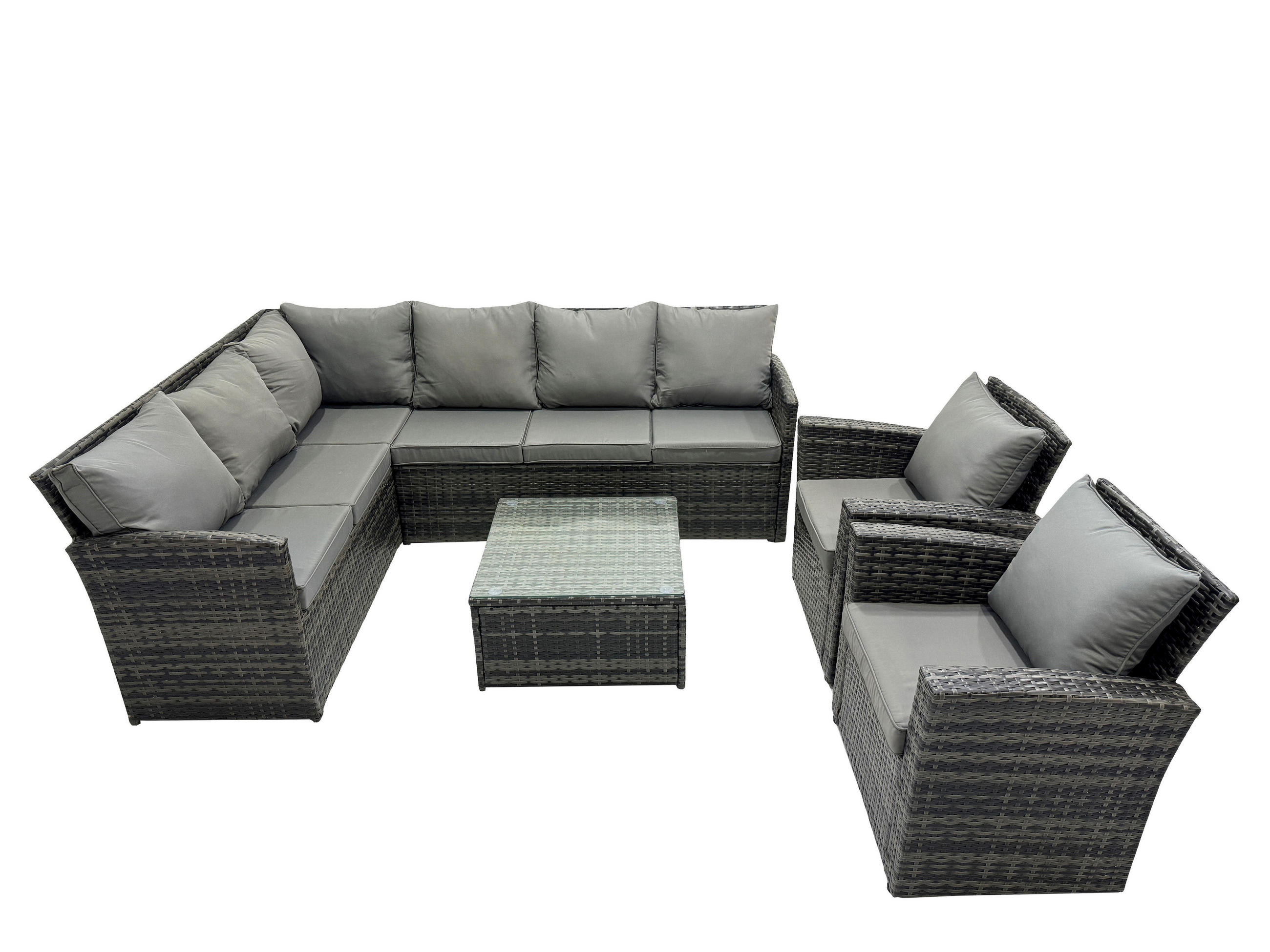 GARTENGARNITUR mit Ecksof,Couchtisch,Stuhl Polyrattan Dunkelgrau 8-Sitzer - Dunkelgrau/Grau, Glas/Kunststoff - Fimous