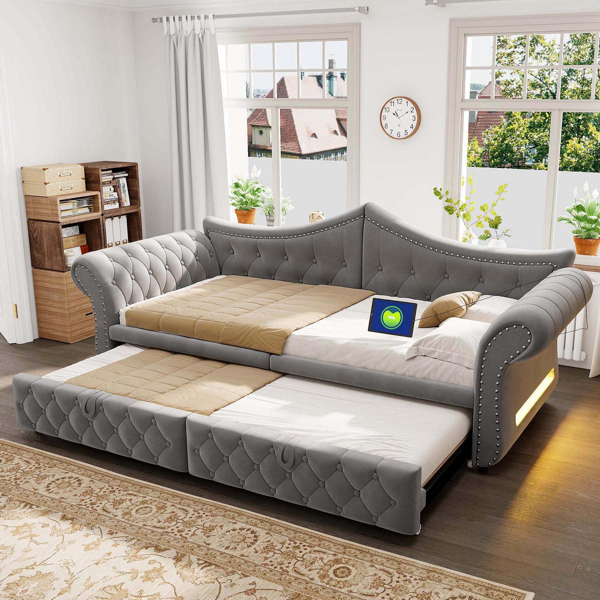 AUSZIEHBETT 90/180/200 cm mit USB und LED, DE-41723, in Grau - Grau, Metall (90/200cm) - ComfortXL