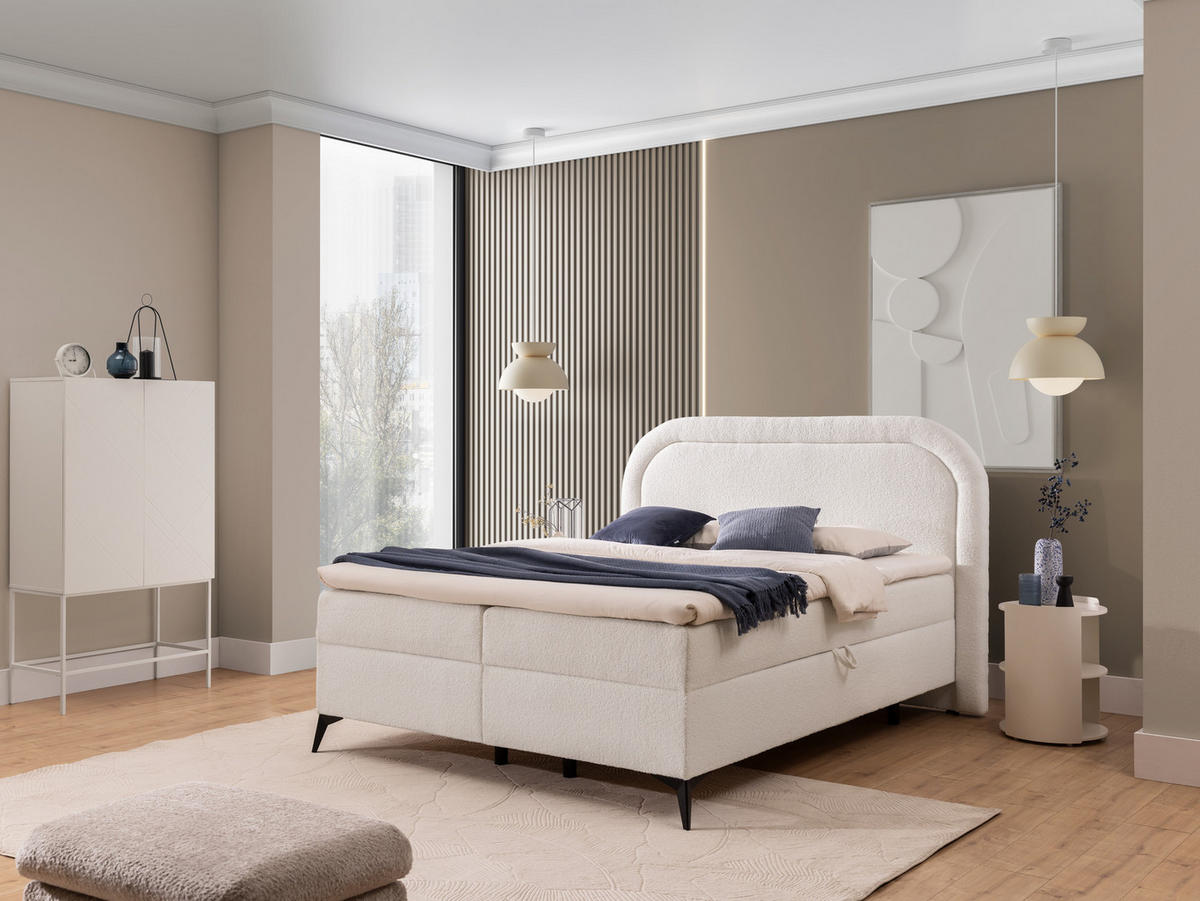 BOXBETT Sonna 140/200 cm Weiß Bouclé-Stoff mit abgerundetem Kopfteil und mit schwarzen Metallfüße - Schwarz/Weiß, Holz/Textil (140/200cm) - S-Style Möbel