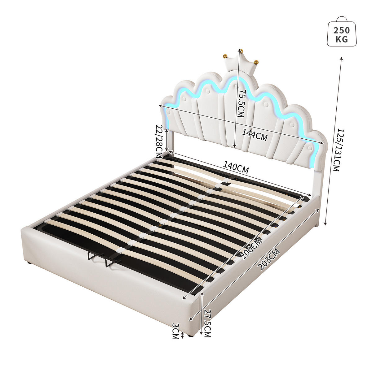 POLSTERBETT mit Stauraum und LED 140x200 cm PU Weiß - Weiß, Metall (140/200cm) - Meubliv