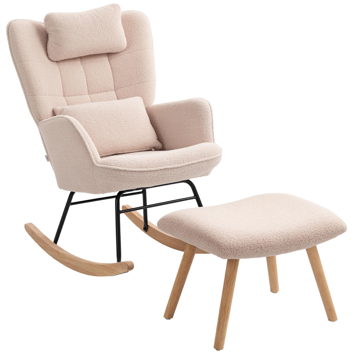 SCHAUKELSTUHL mit Fußhocker, weicher Fleece-Bezug, Holzbeine, Beige - Beige/Naturfarben, Holz/Buchenholz (70.5/99.5/101.5cm) - HOMCOM