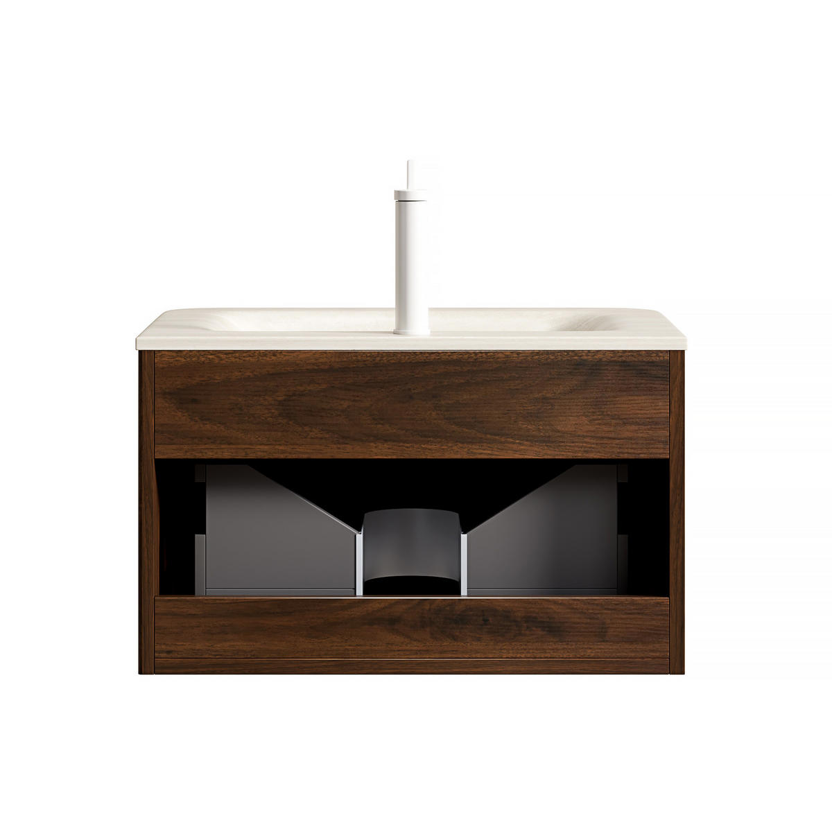 WASCHTISCHKOMBI mit gesintertem Steinbecken 60x46x37.5cm Beige & Nussbaum, LED-Soft-Close - Walnussfarben, Stein (46/37.5/60cm) - Modfu
